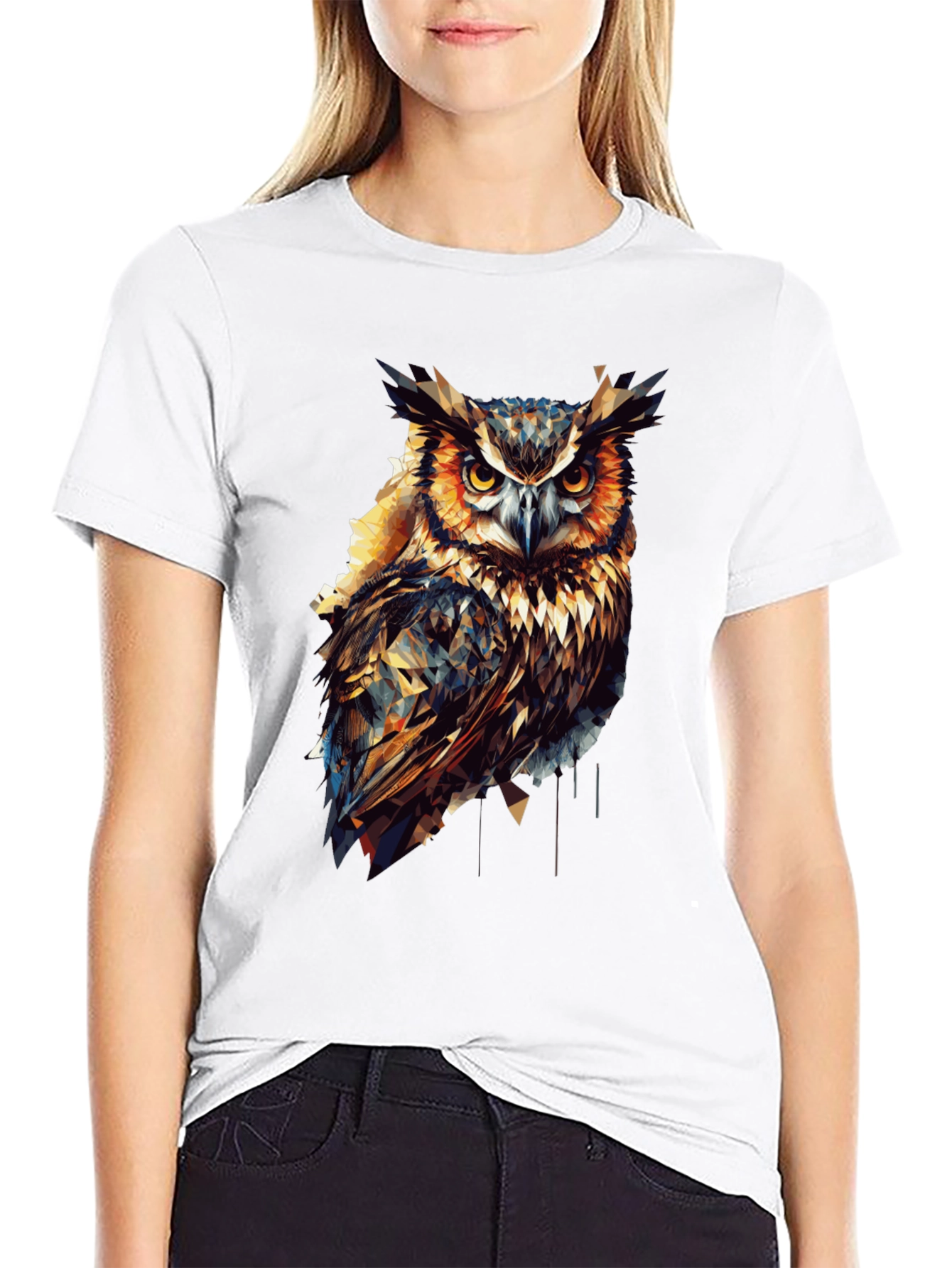Geometric Owl Graphic Print Black T-Shirt