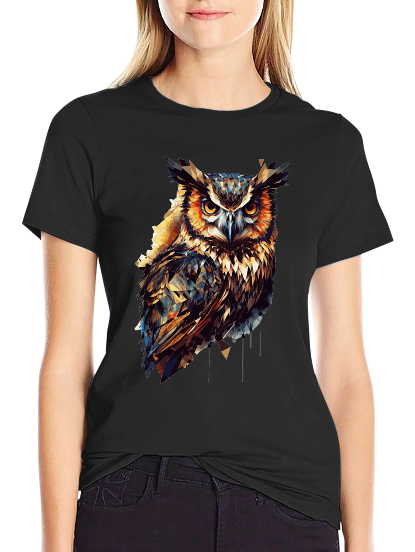 Geometric Owl Graphic Print Black T-Shirt