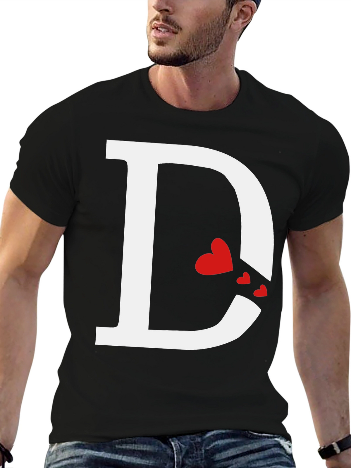 Initial D Heart Print T-Shirt - Black