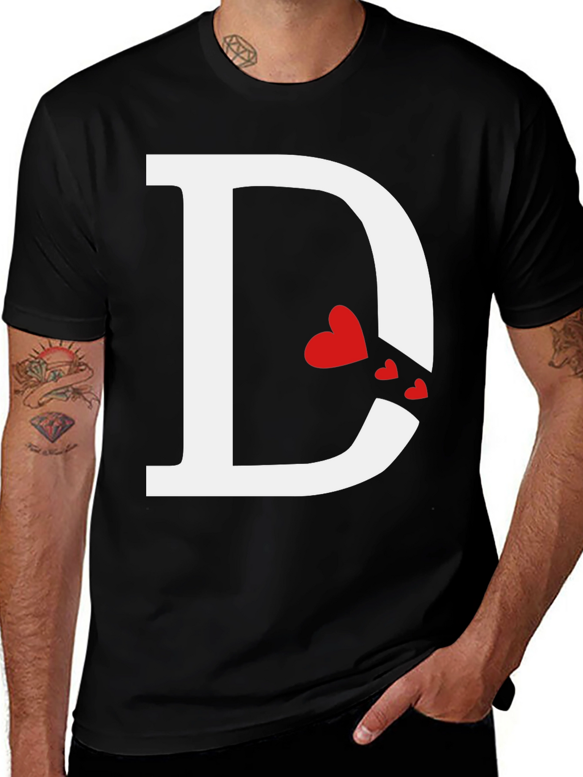 Initial D Heart Print T-Shirt - Black
