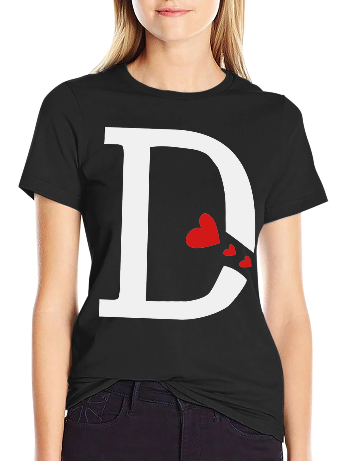 Initial D Heart Print T-Shirt - Black