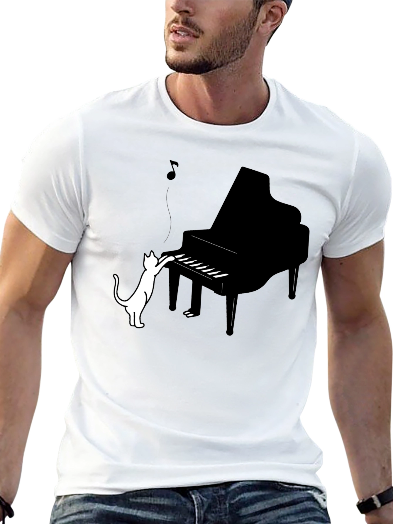 Cat Playing Piano Graphic Tee - Black Cotton Blend