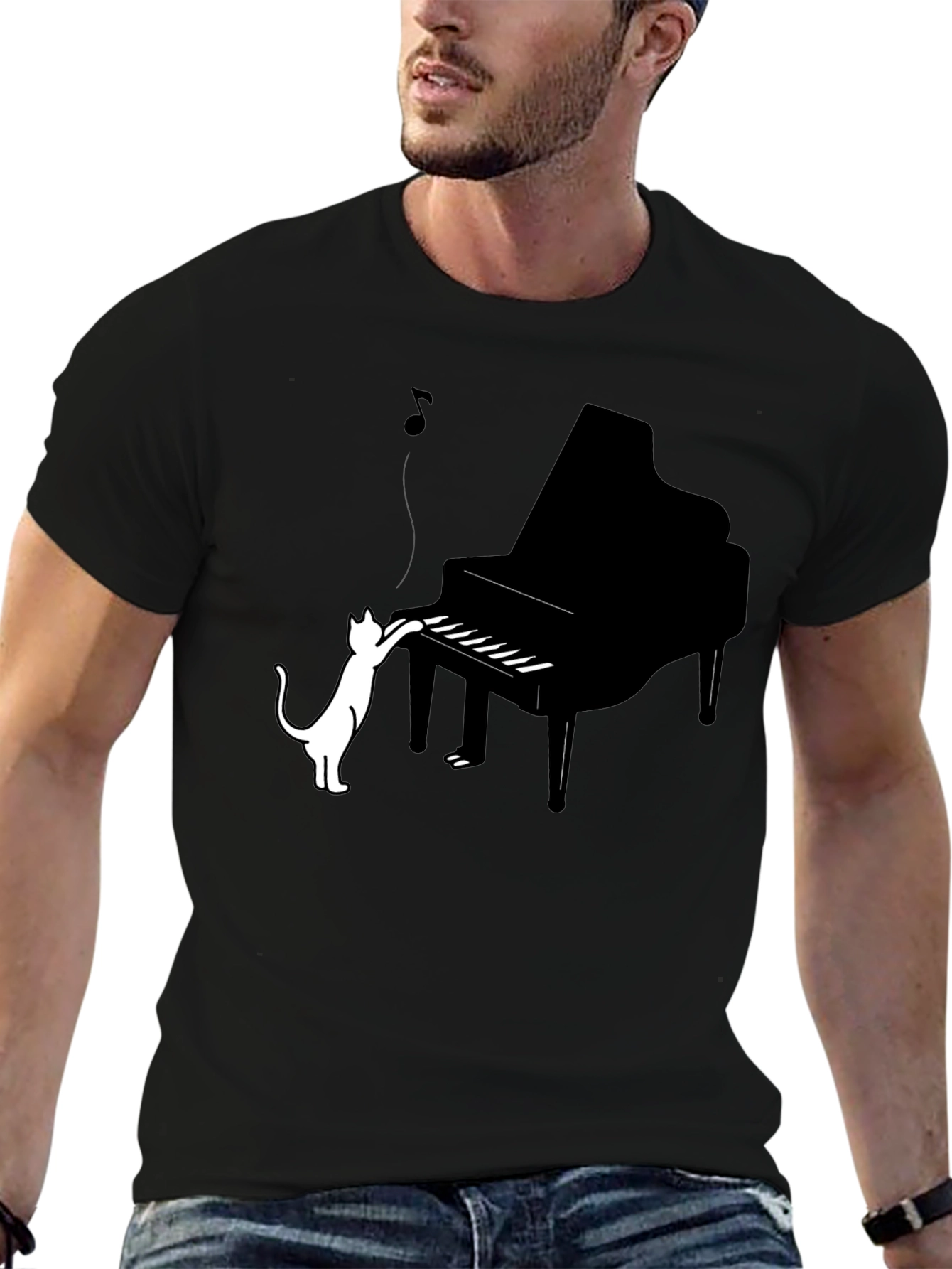 Cat Playing Piano Graphic Tee - Black Cotton Blend