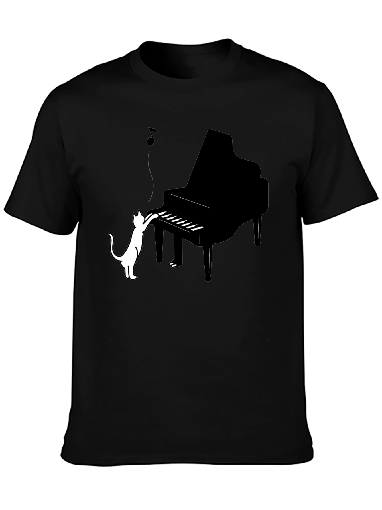 Cat Playing Piano Graphic Tee - Black Cotton Blend