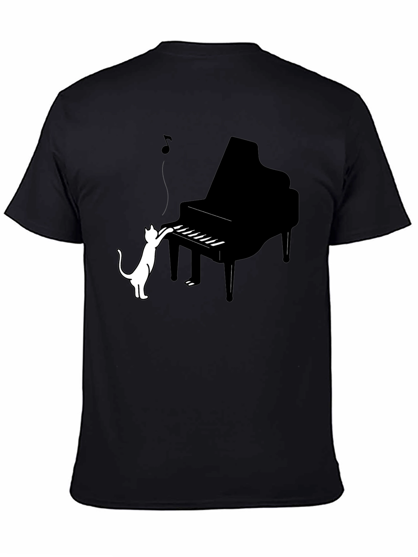 Cat Playing Piano Graphic Tee - Black Cotton Blend