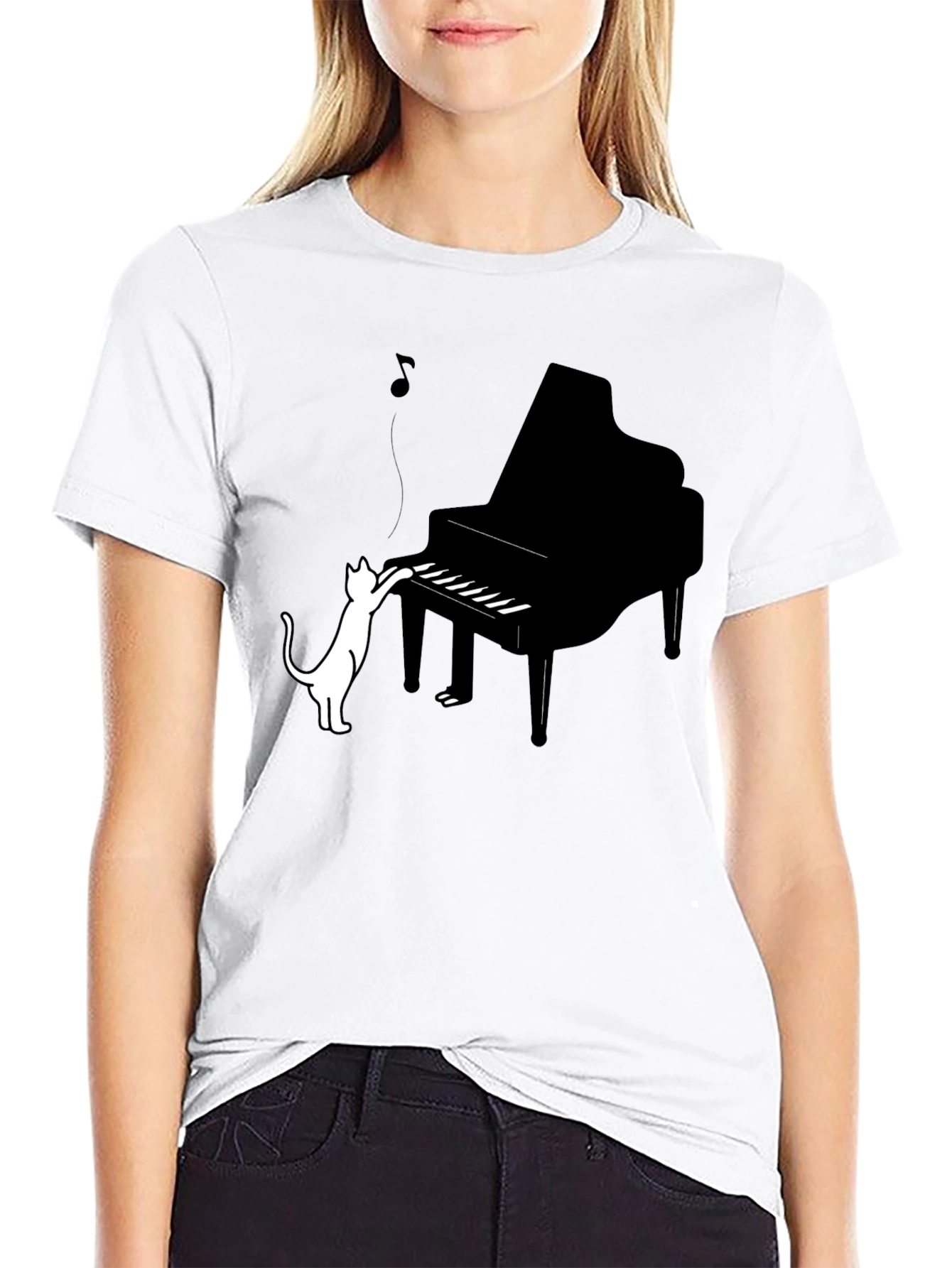Cat Playing Piano Graphic Tee - Black Cotton Blend
