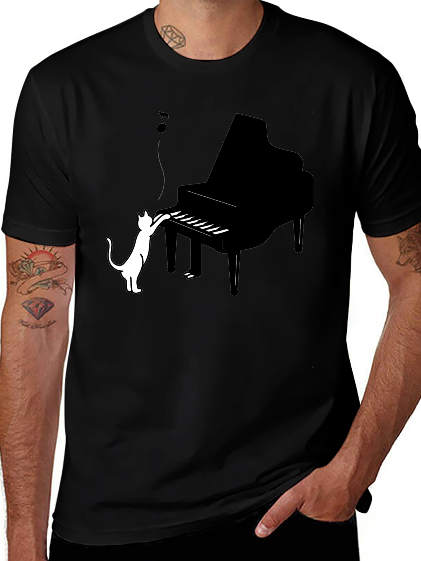 Cat Playing Piano Graphic Tee - Black Cotton Blend