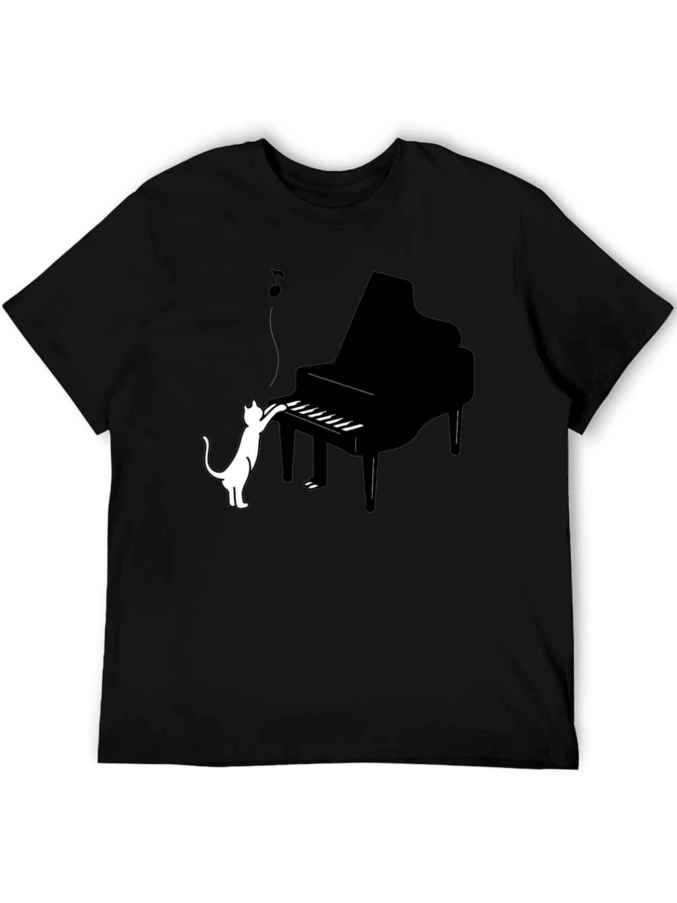 Cat Playing Piano Graphic Tee - Black Cotton Blend