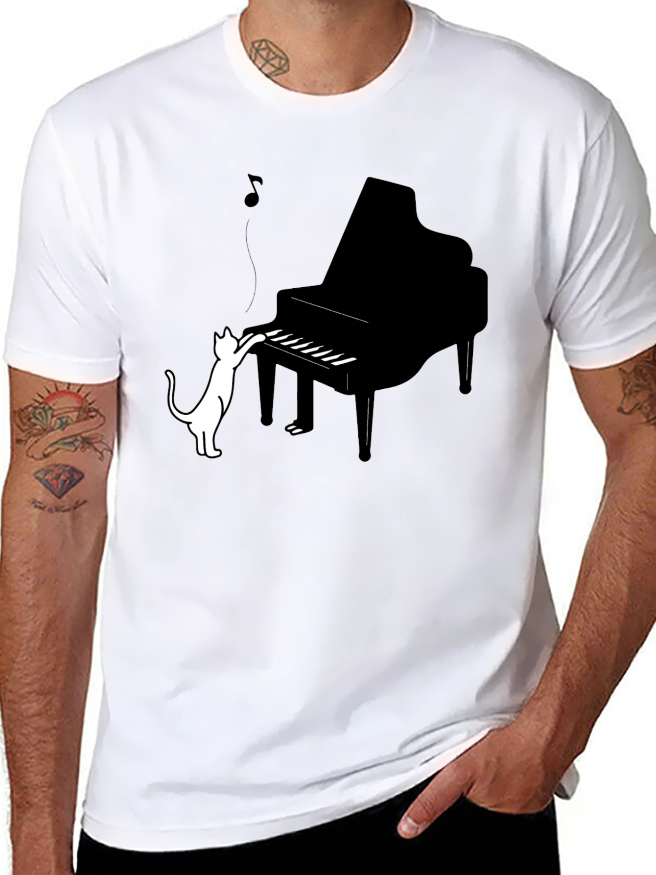 Cat Playing Piano Graphic Tee - Black Cotton Blend