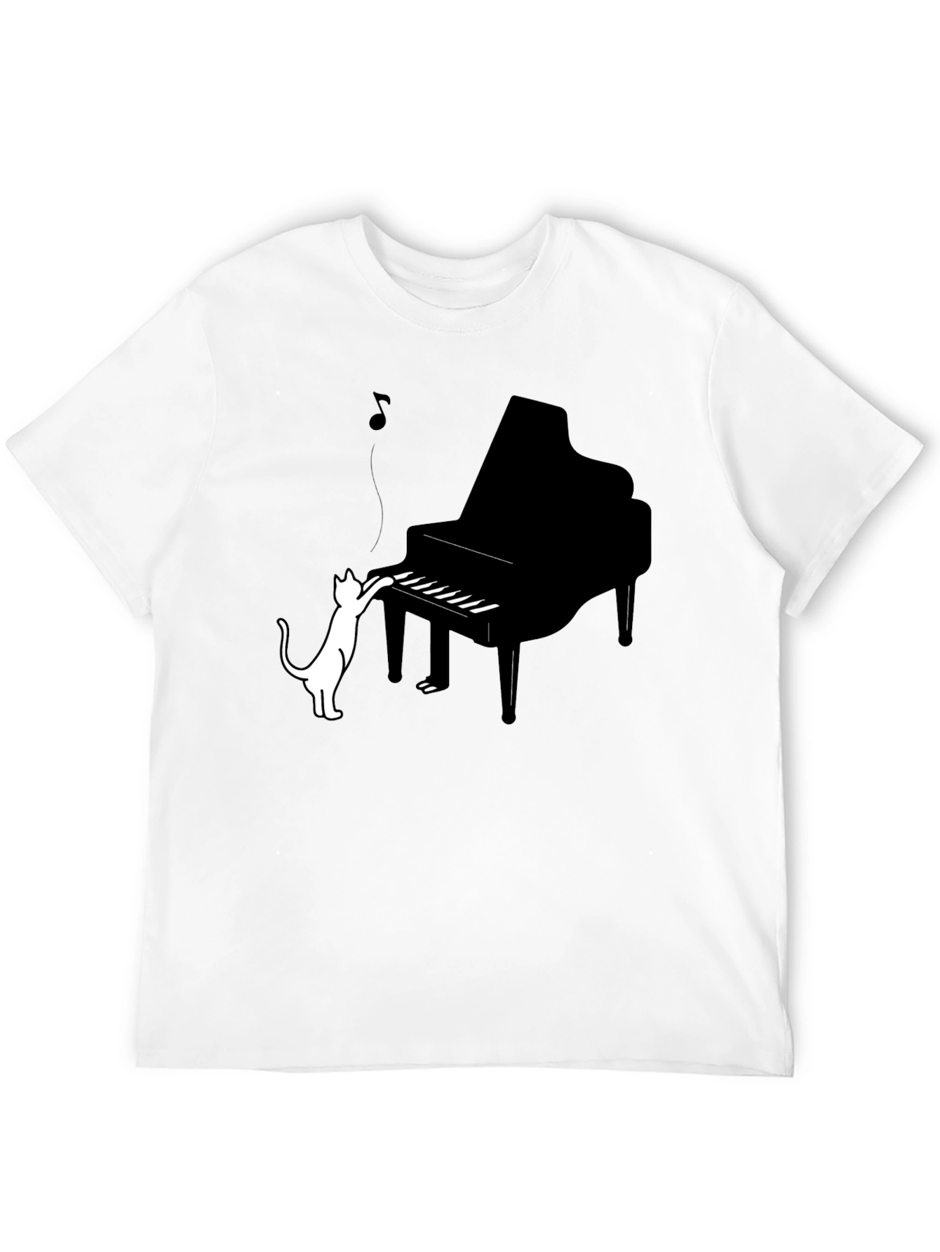 Cat Playing Piano Graphic Tee - Black Cotton Blend
