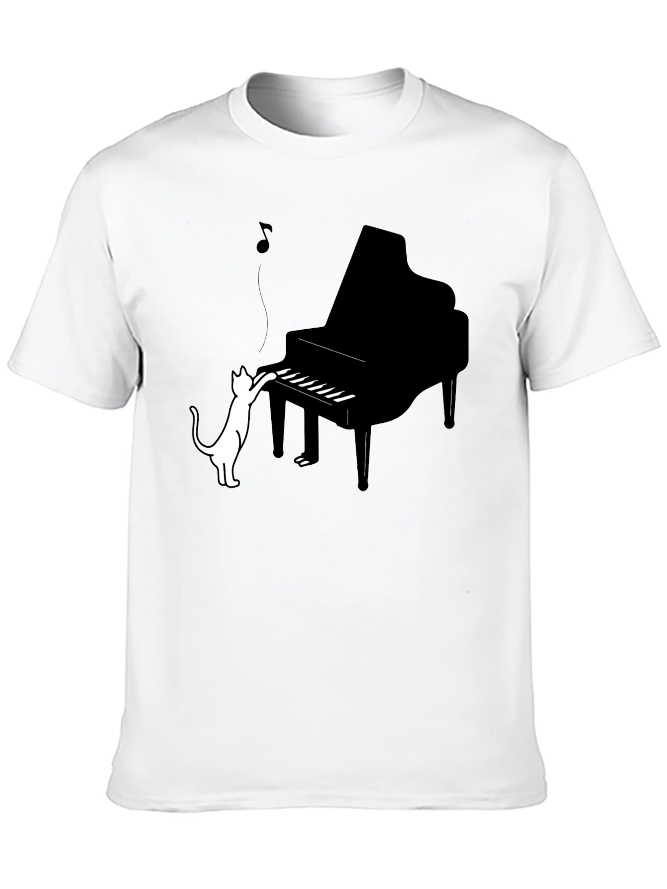 Cat Playing Piano Graphic Tee - Black Cotton Blend