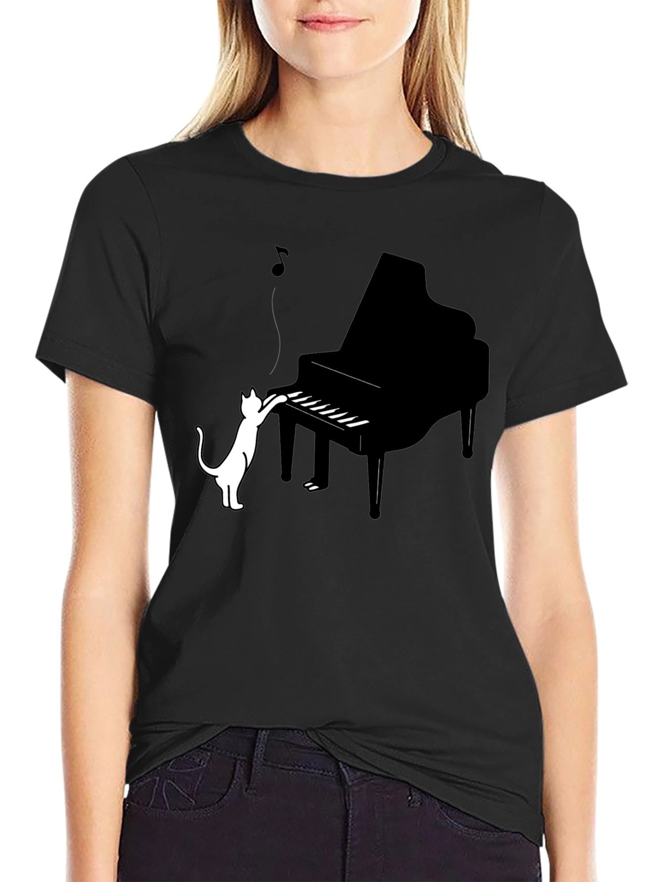 Cat Playing Piano Graphic Tee - Black Cotton Blend