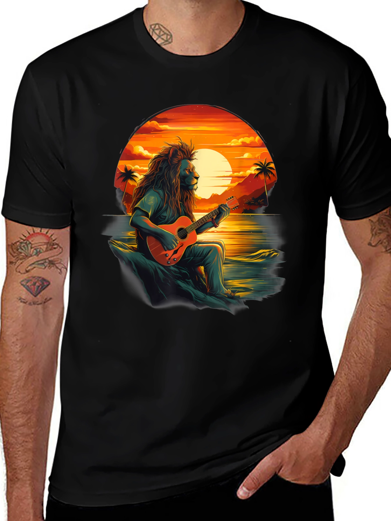 Lion Guitar Sunset Graphic Tee