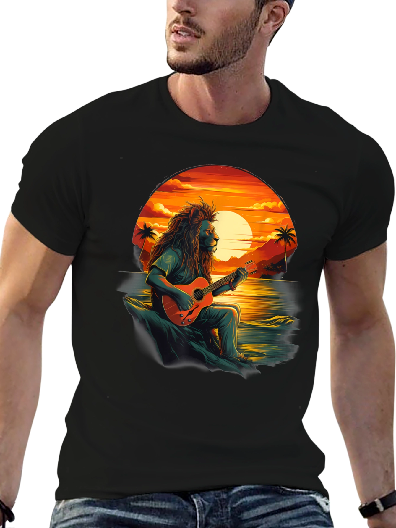 Lion Guitar Sunset Graphic Tee