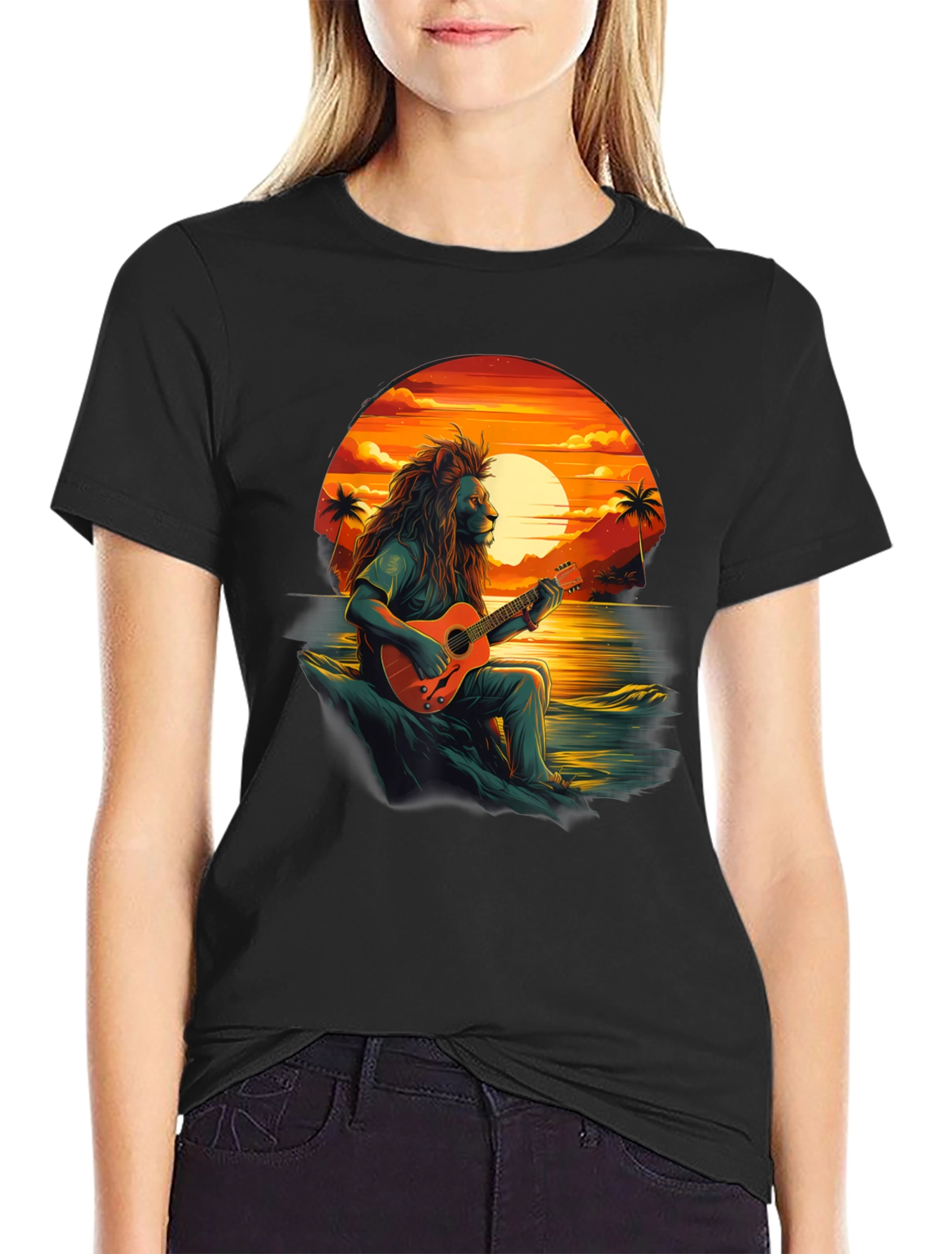 Lion Guitar Sunset Graphic Tee