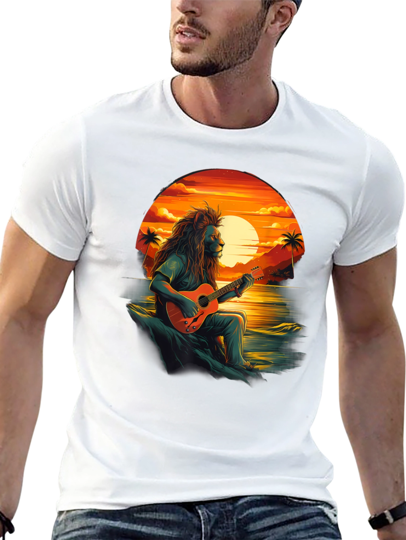 Lion Guitar Sunset Graphic Tee