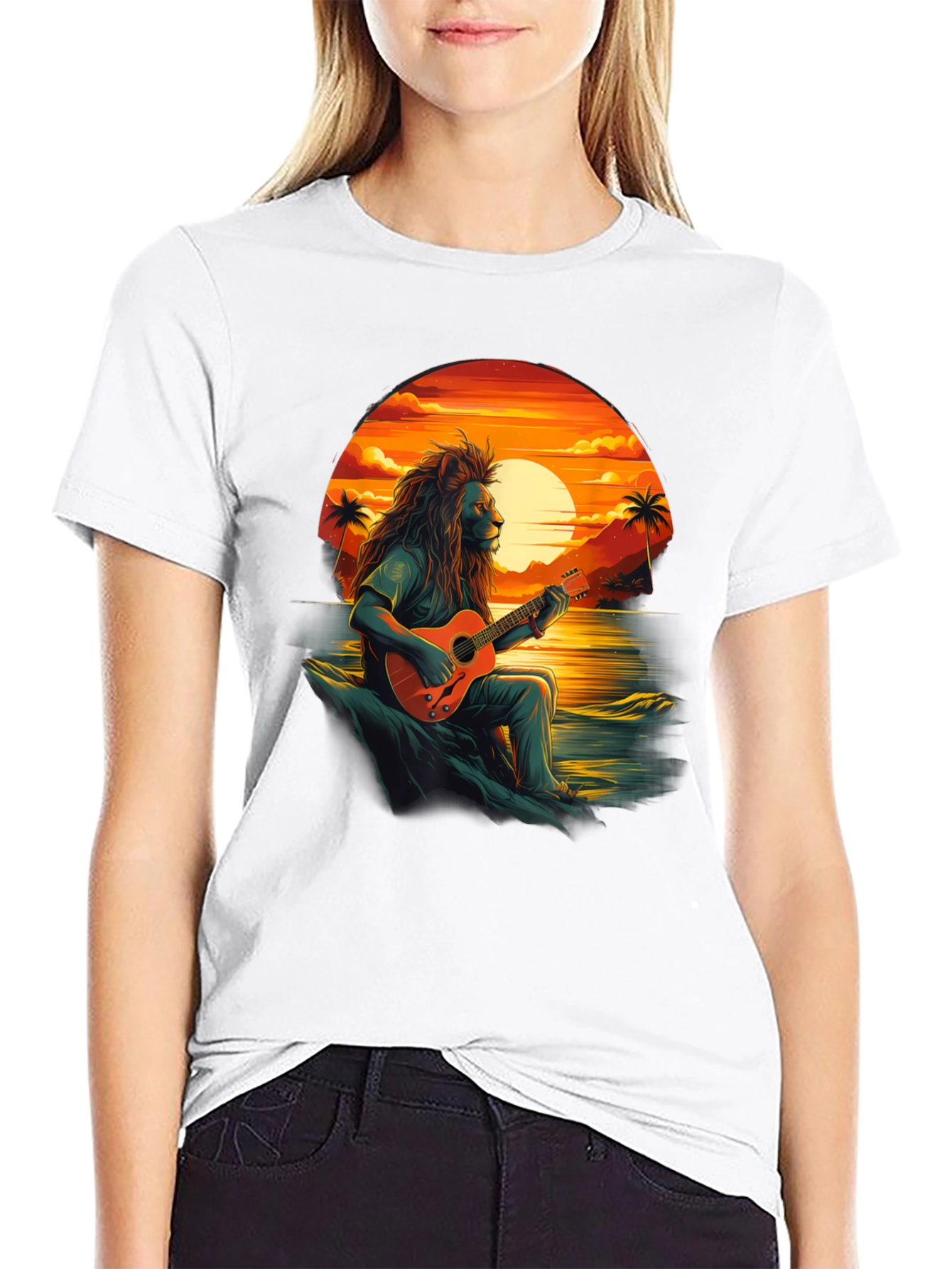 Lion Guitar Sunset Graphic Tee