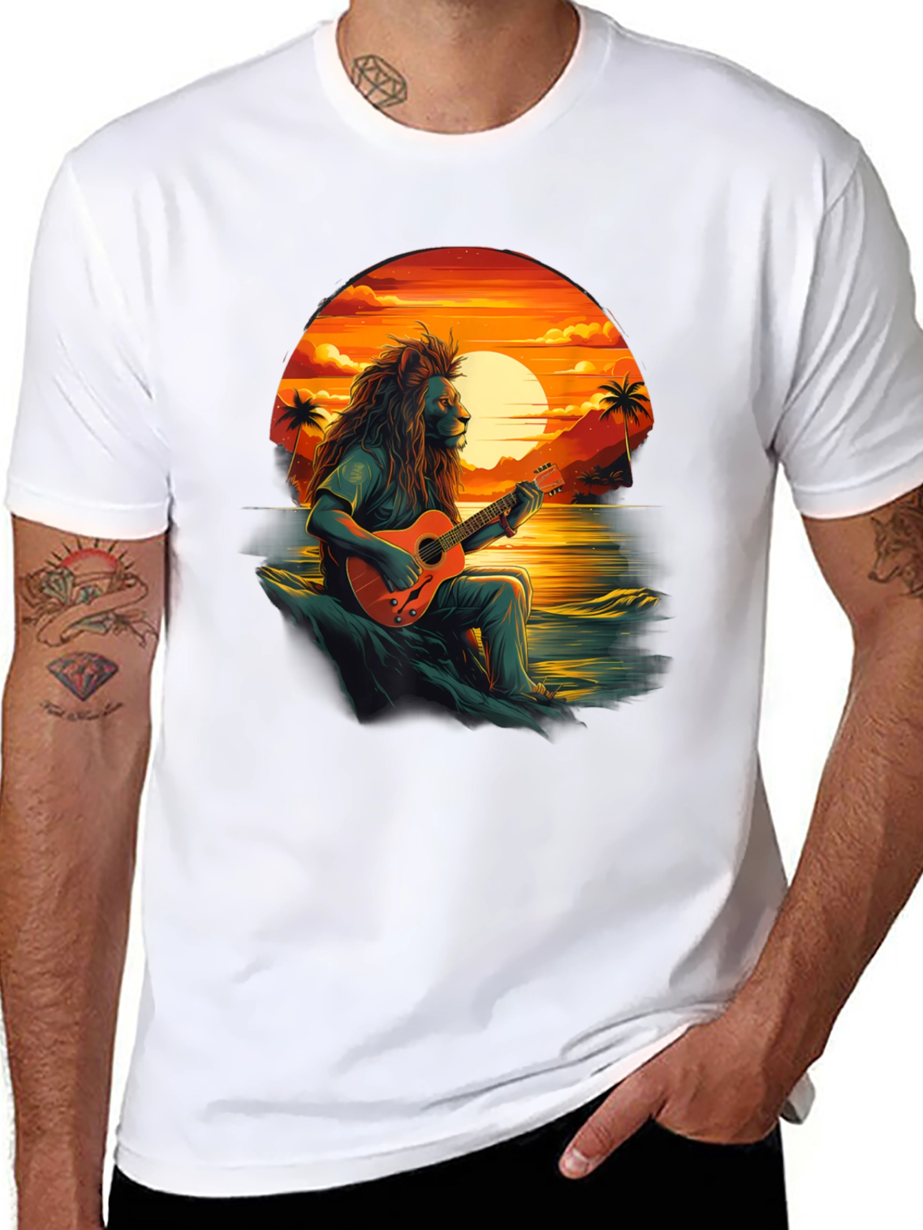 Lion Guitar Sunset Graphic Tee