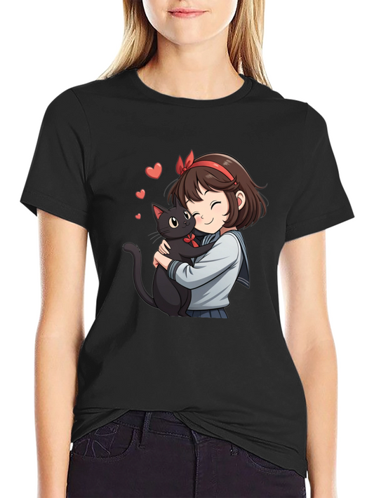 Anime Girl & Cat Graphic Tee - Black Cotton T-Shirt