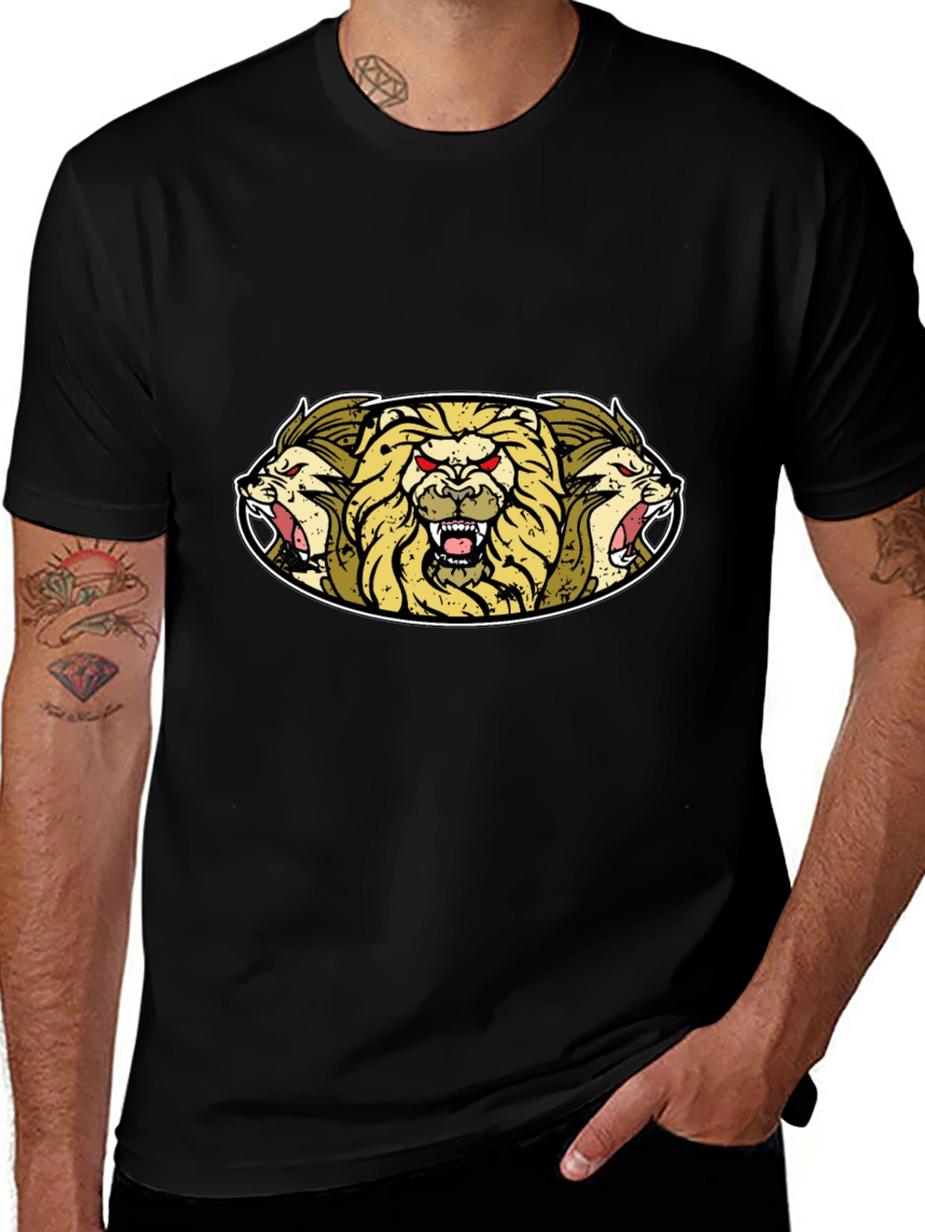 Lion Heads Graphic Tee - Mens Black T-Shirt