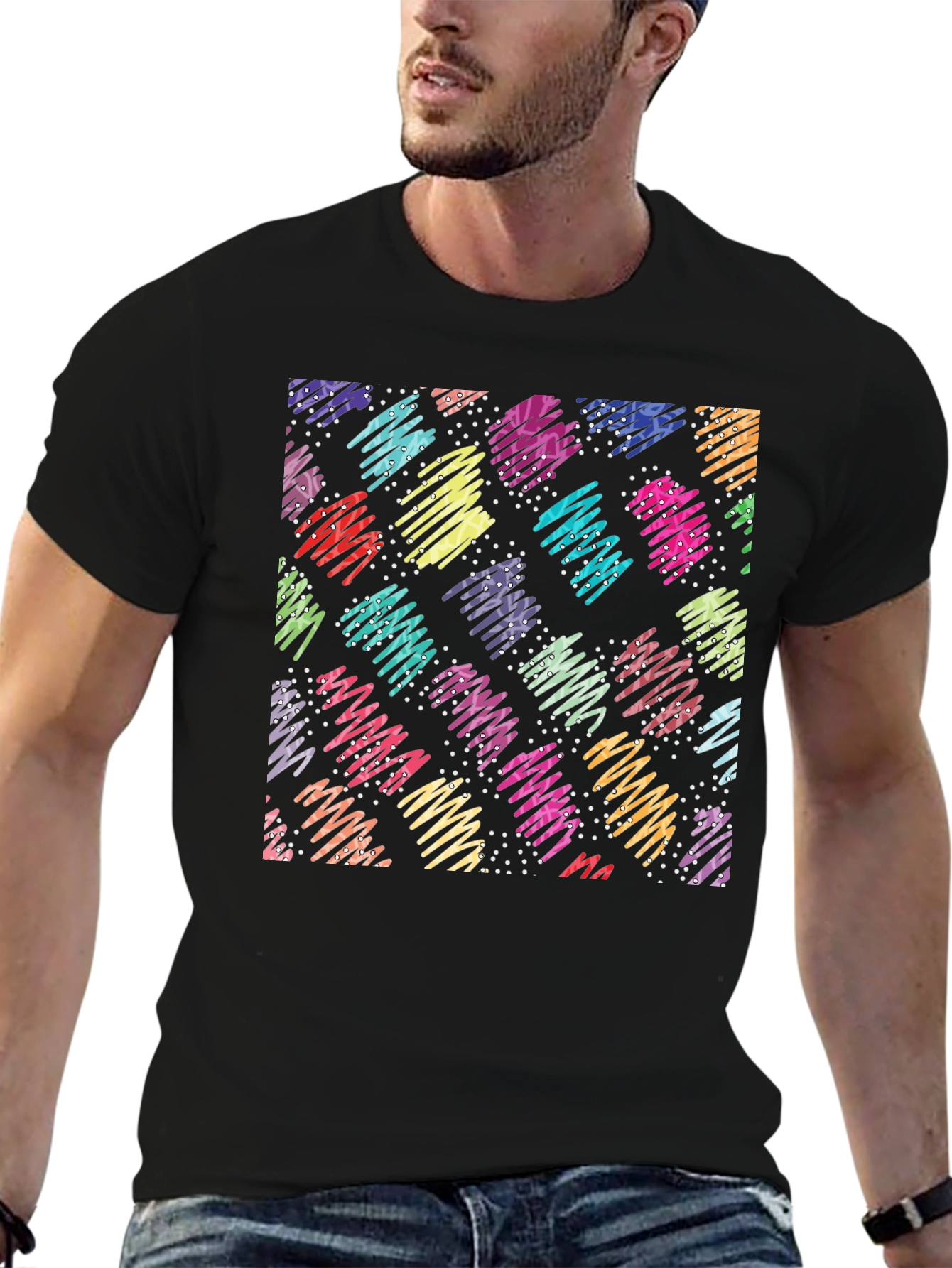 Retro Scribble Pattern Black T-Shirt