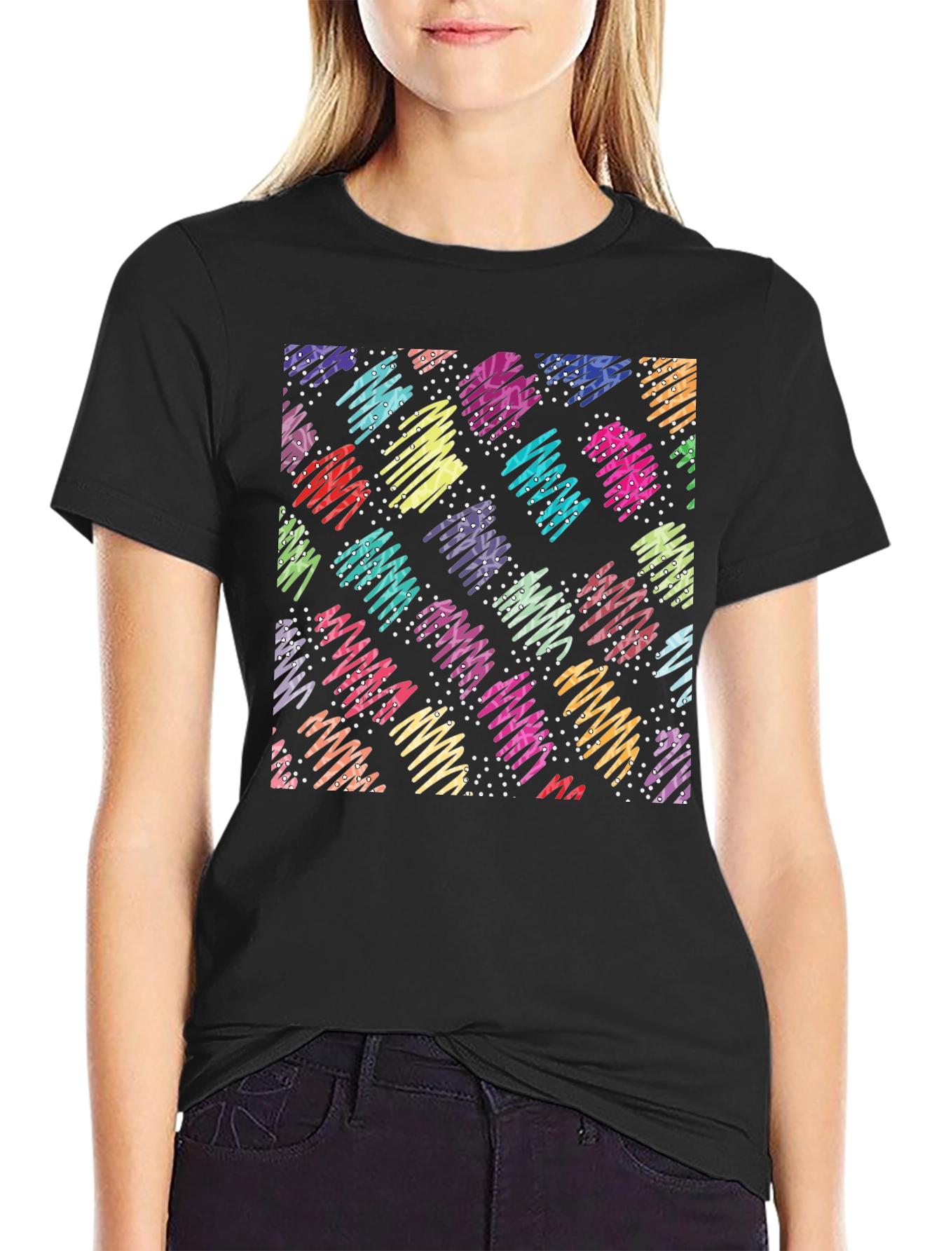 Retro Scribble Pattern Black T-Shirt
