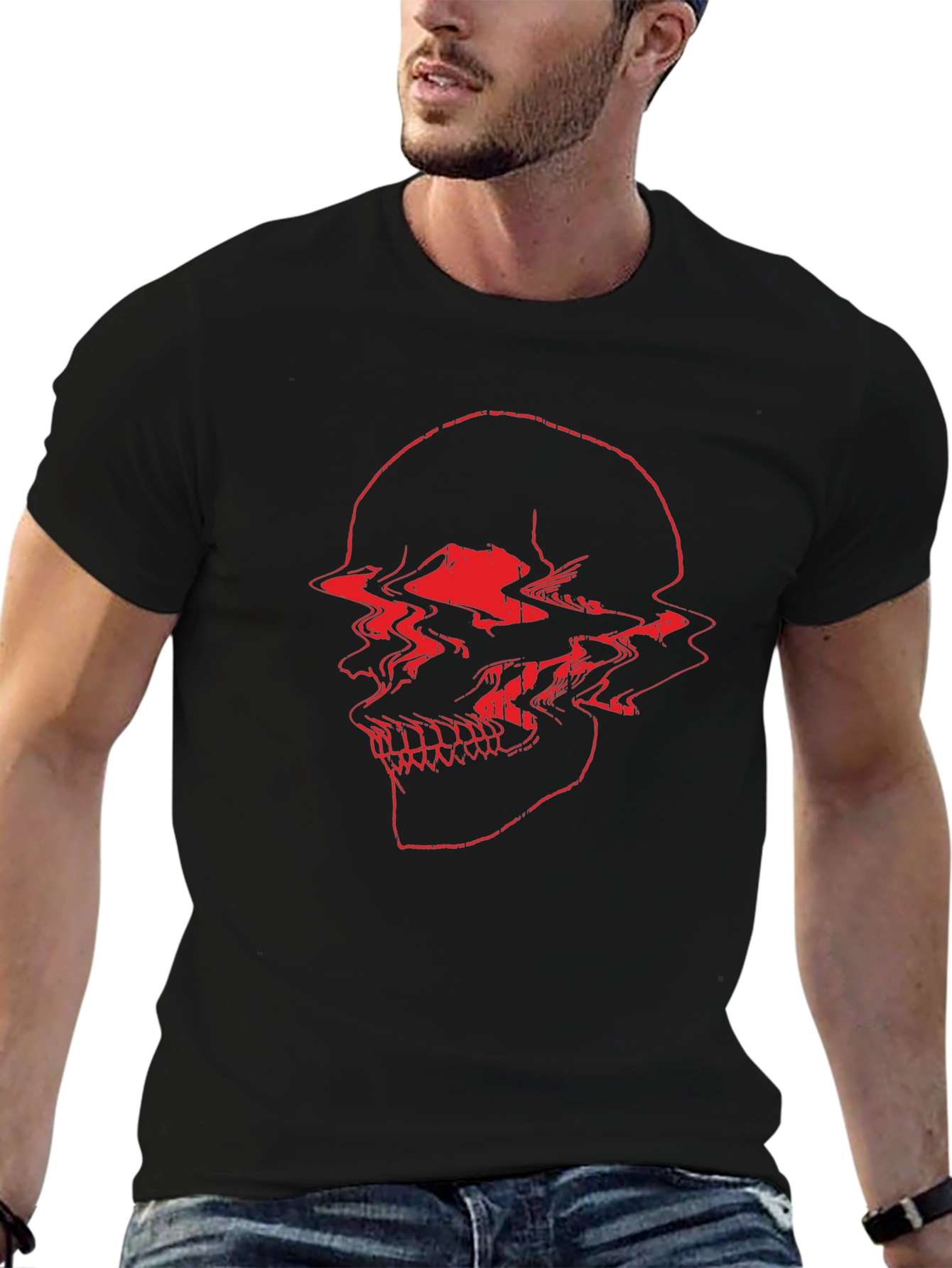 Red Glitch Skull Black T-Shirt