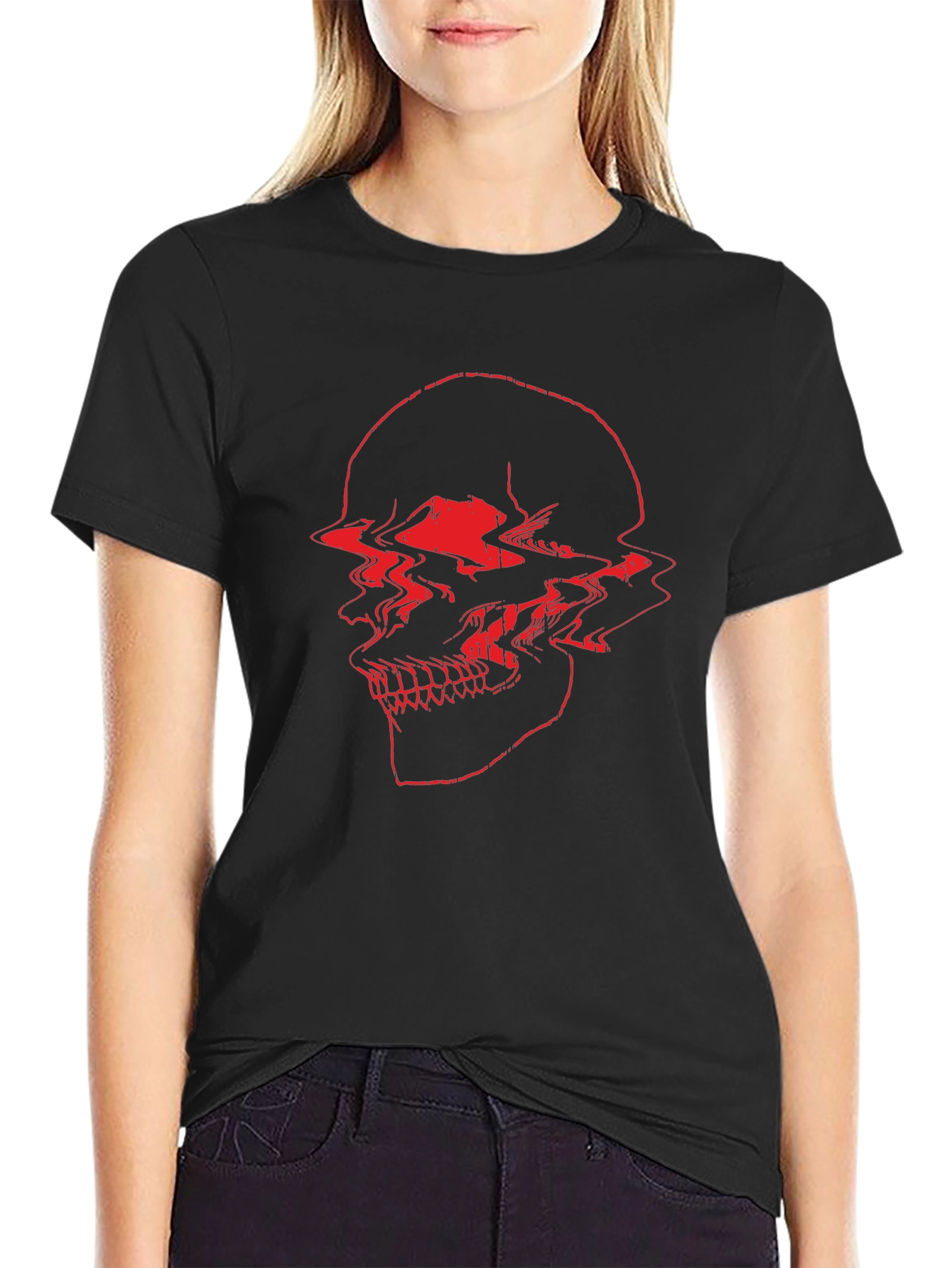 Red Glitch Skull Black T-Shirt