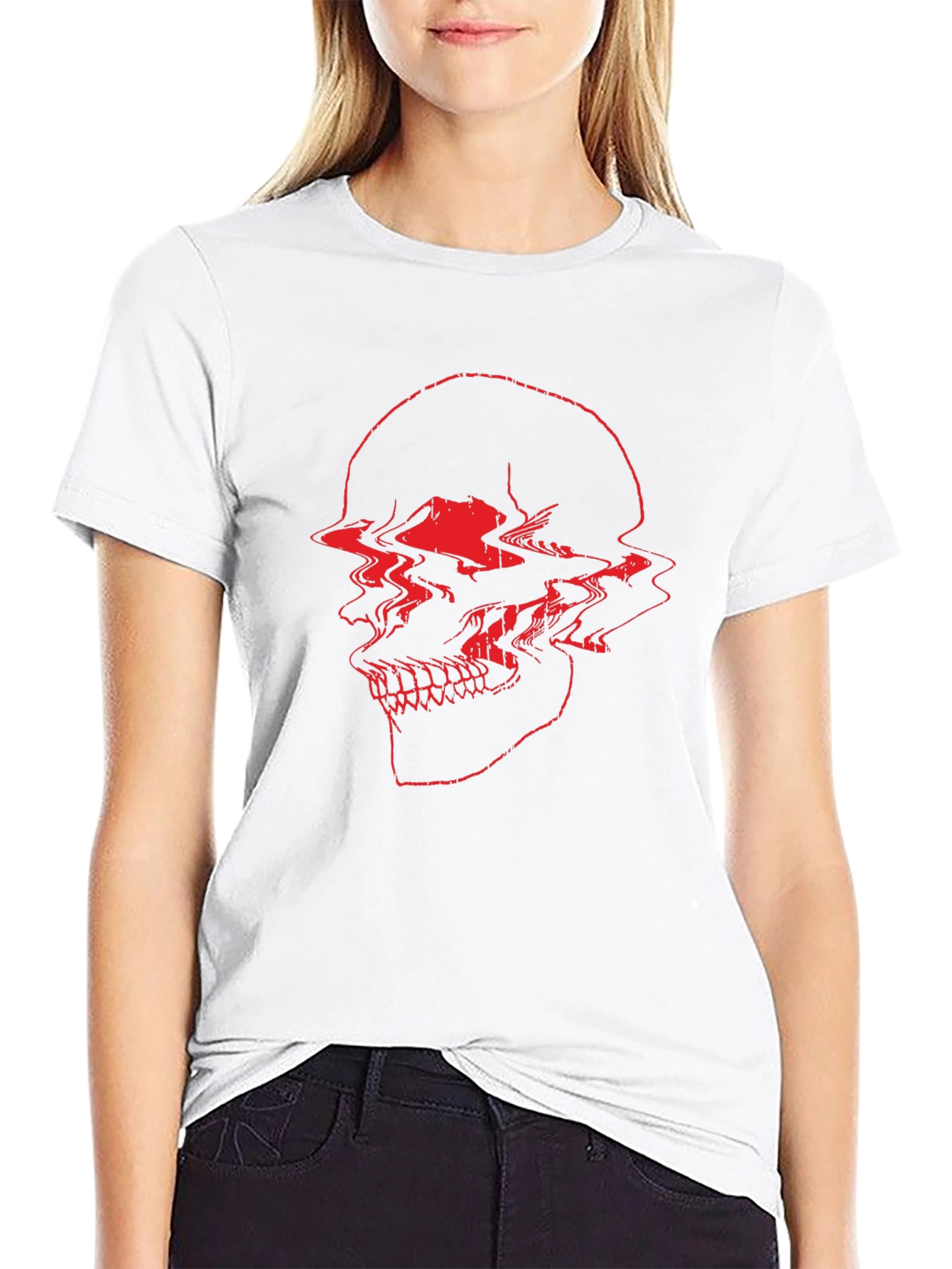Red Glitch Skull Black T-Shirt