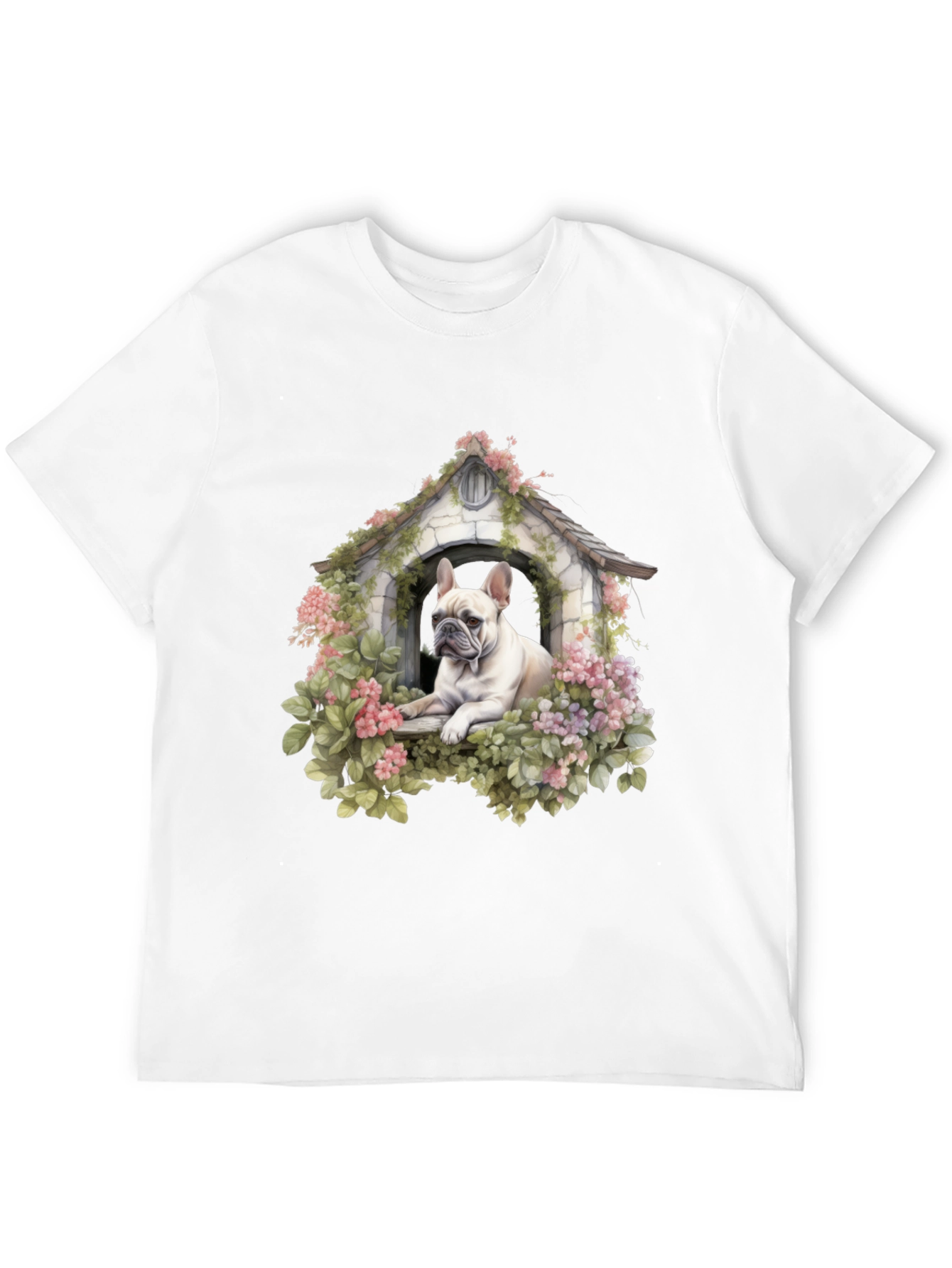 Dog House T-Shirt: Cute Bulldog in Floral Shelter
