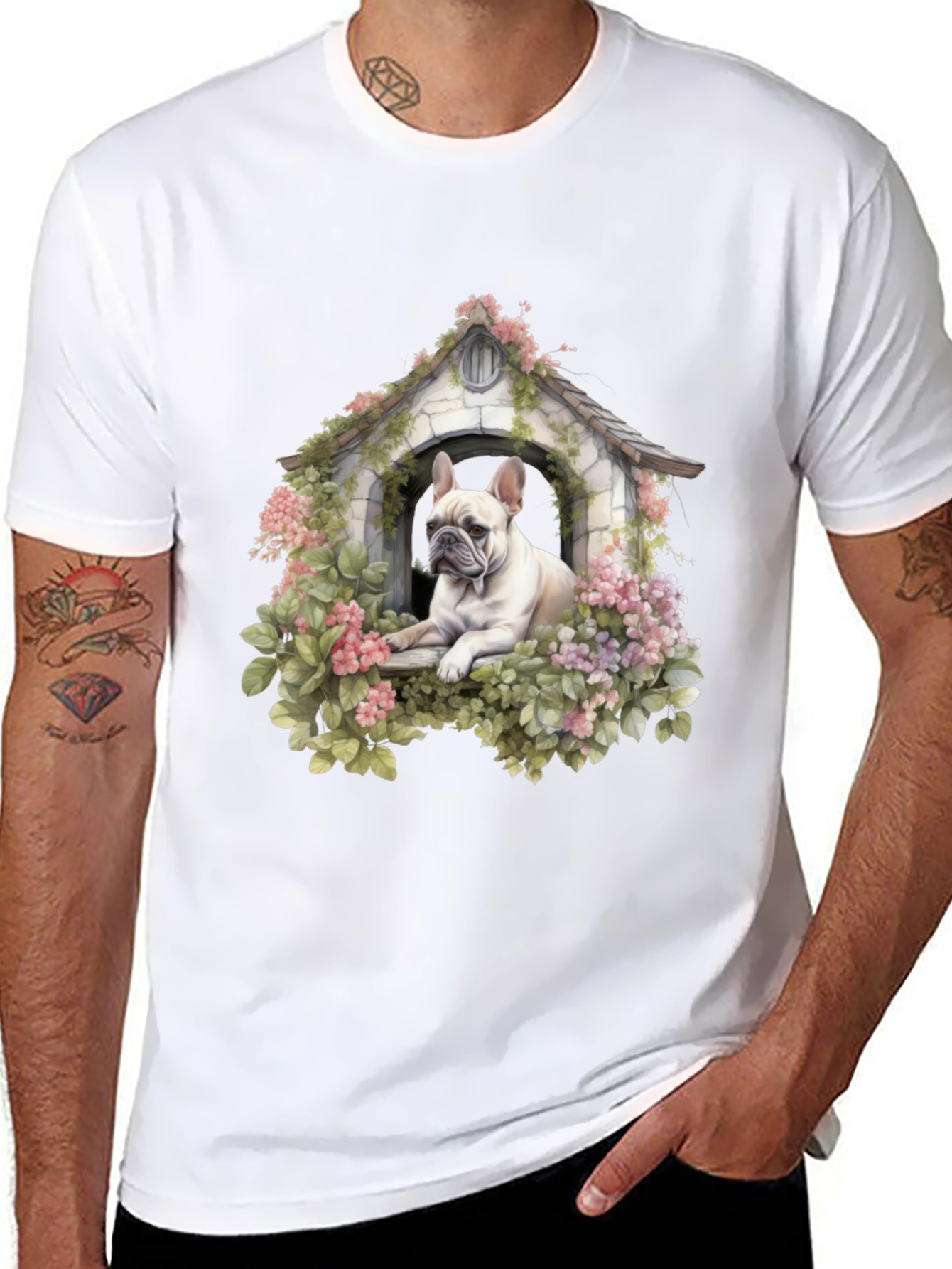 Dog House T-Shirt: Cute Bulldog in Floral Shelter