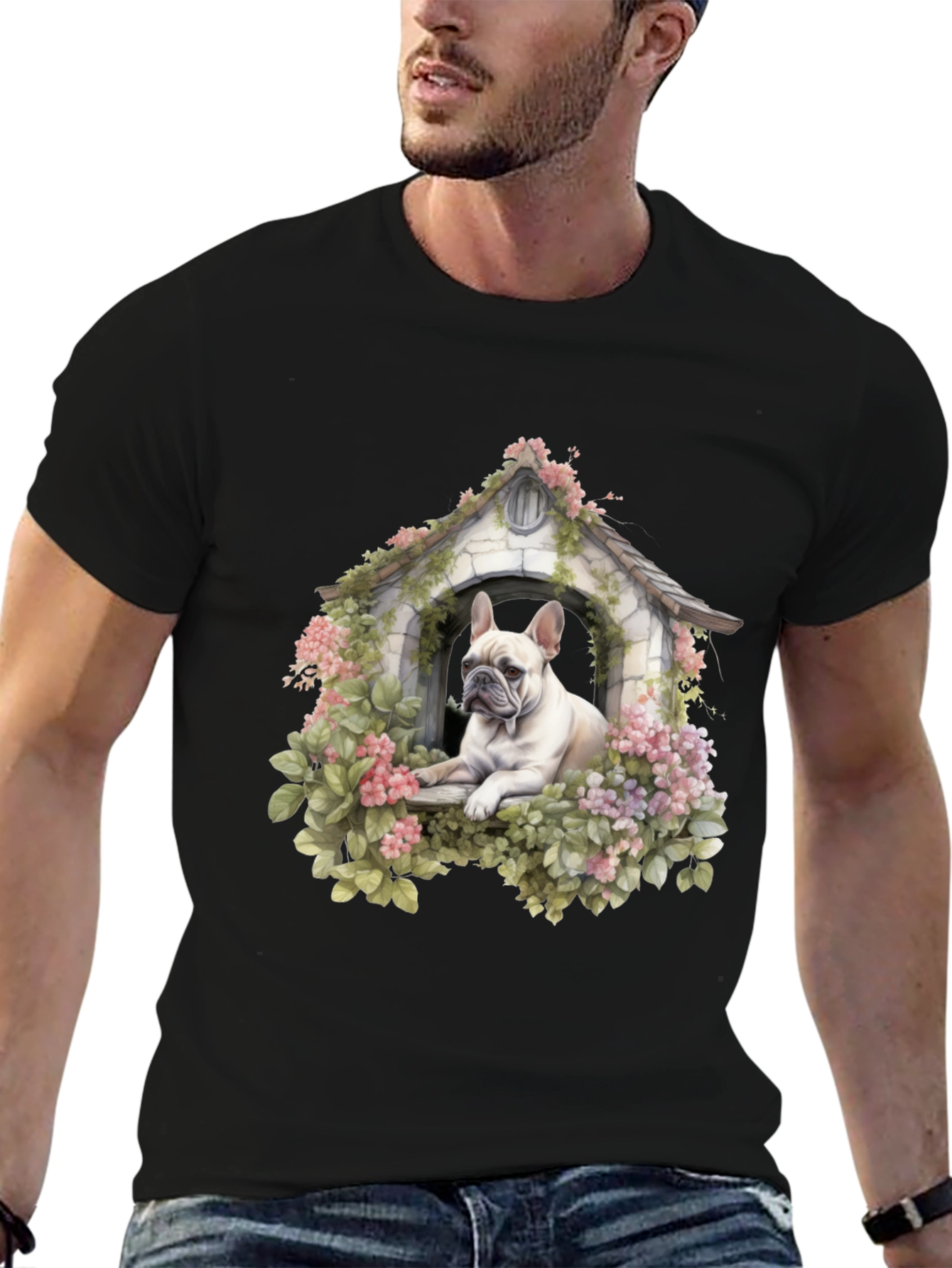 Dog House T-Shirt: Cute Bulldog in Floral Shelter