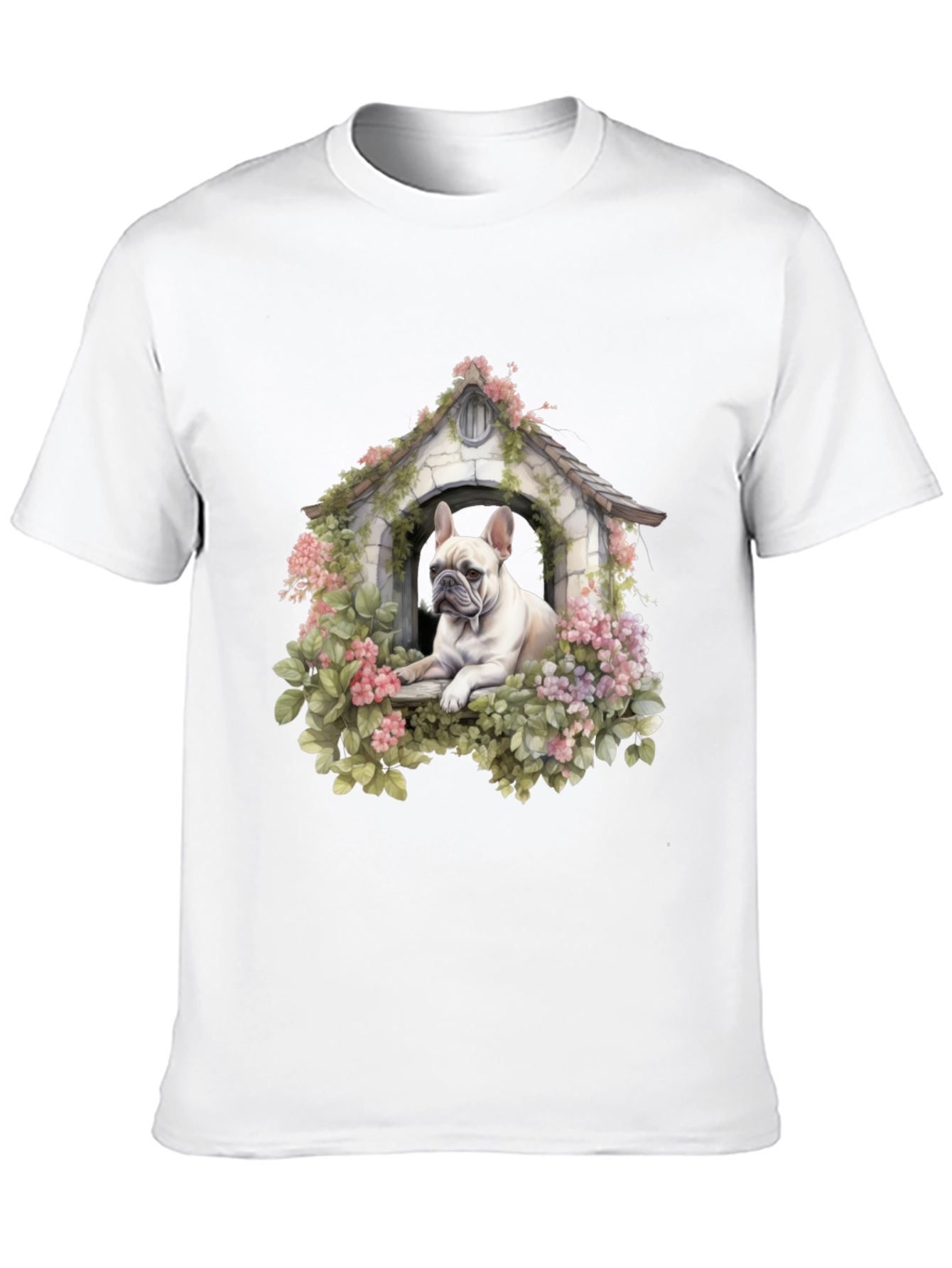 Dog House T-Shirt: Cute Bulldog in Floral Shelter