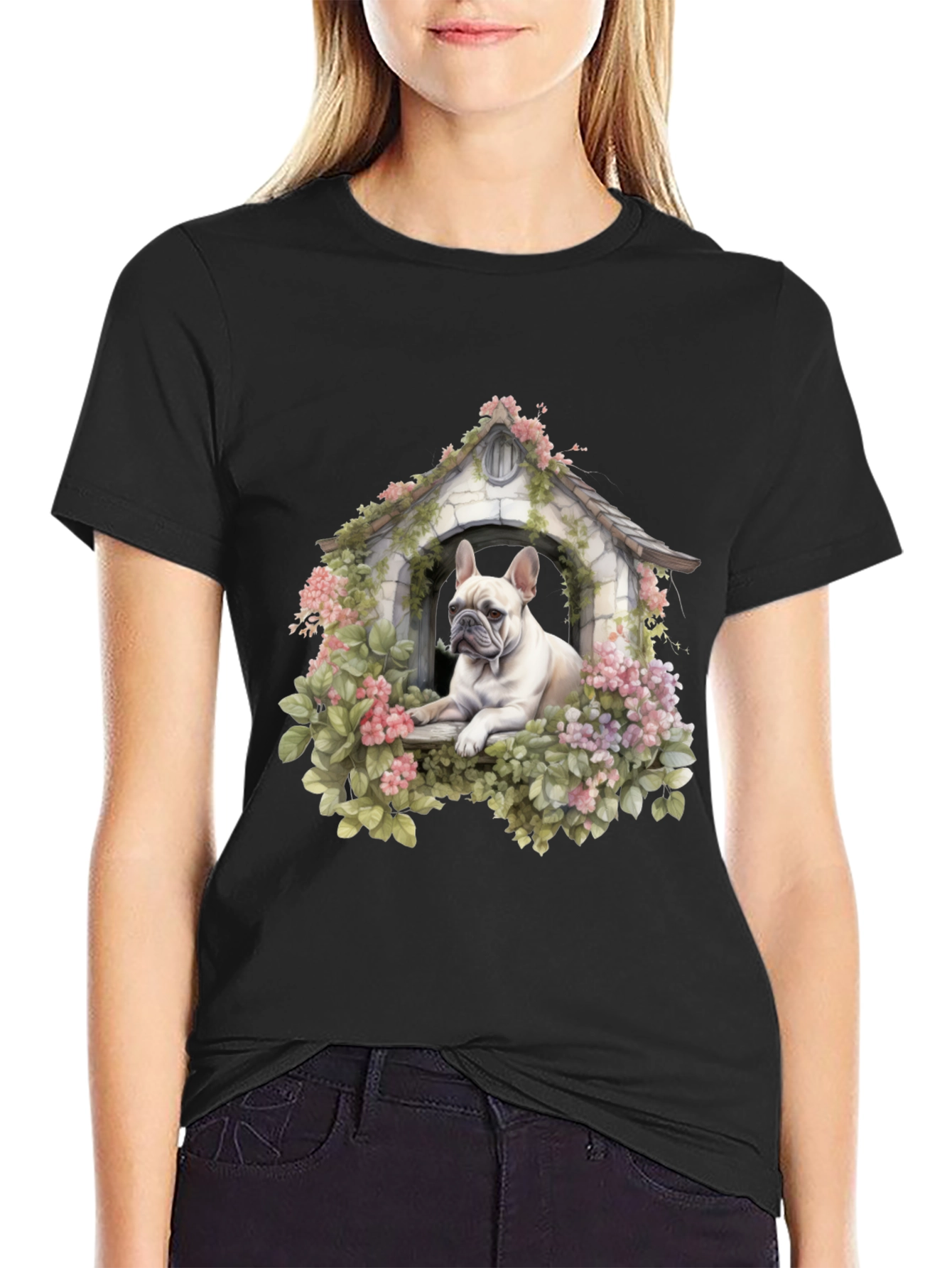 Dog House T-Shirt: Cute Bulldog in Floral Shelter