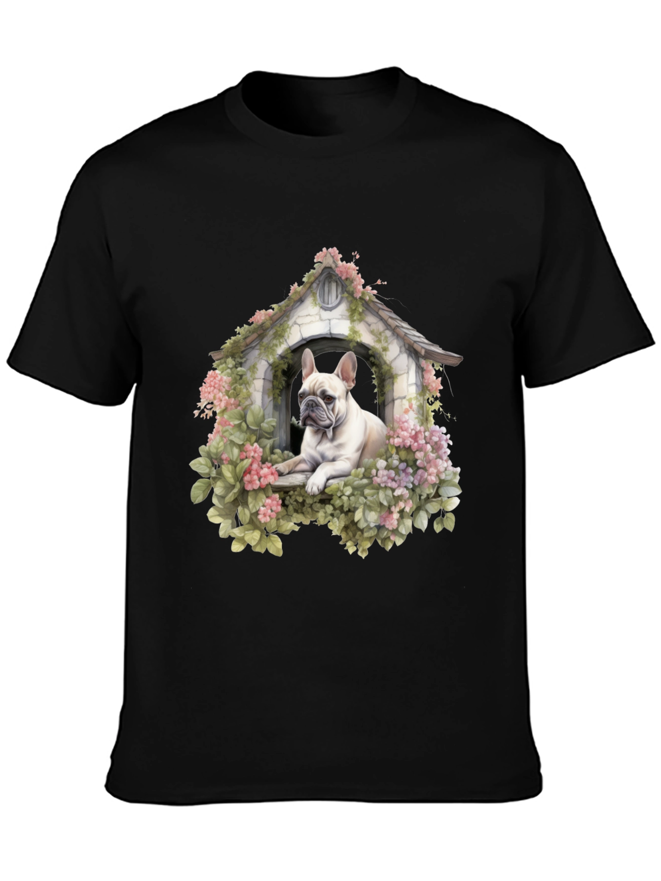 Dog House T-Shirt: Cute Bulldog in Floral Shelter