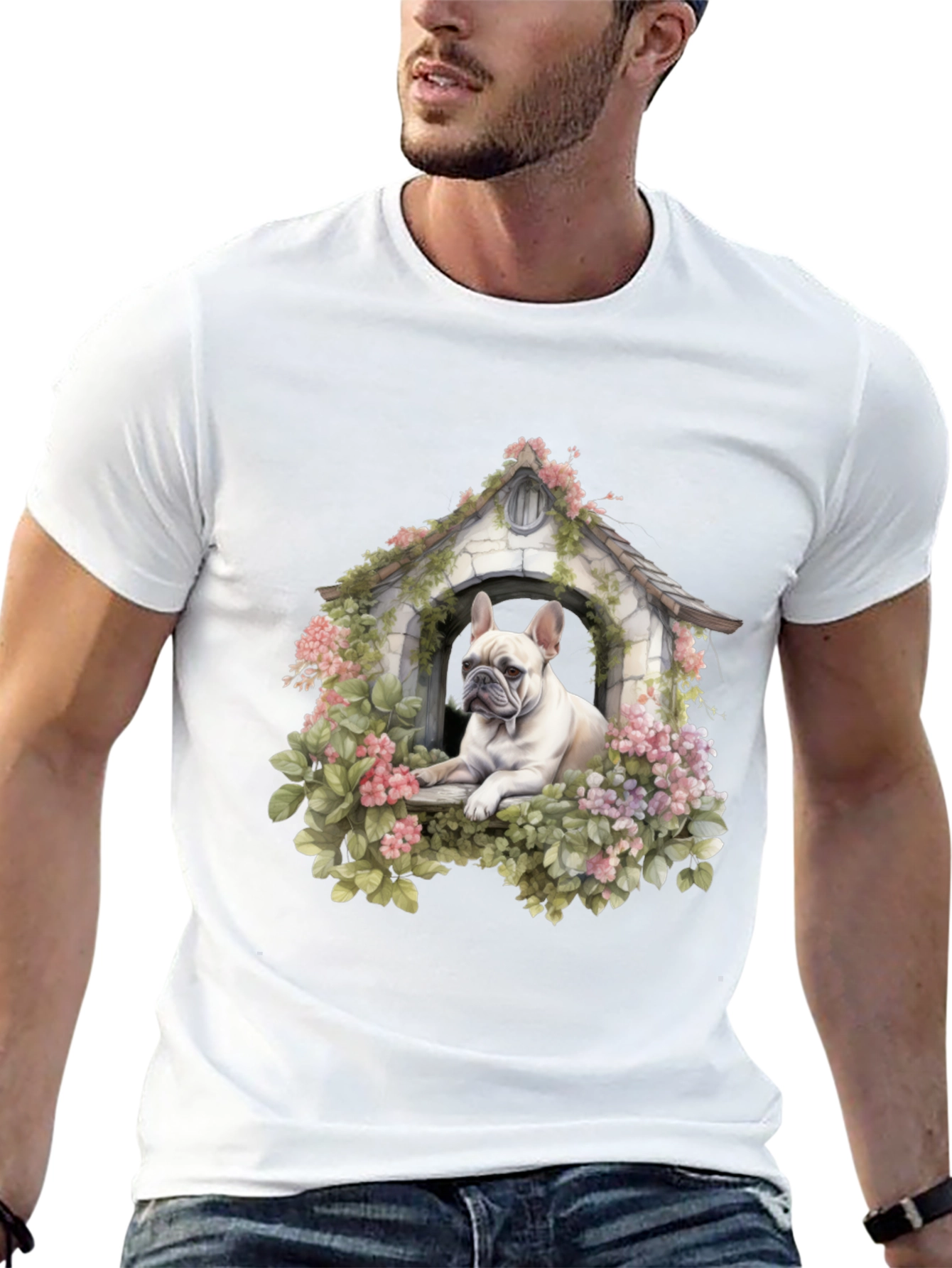 Dog House T-Shirt: Cute Bulldog in Floral Shelter