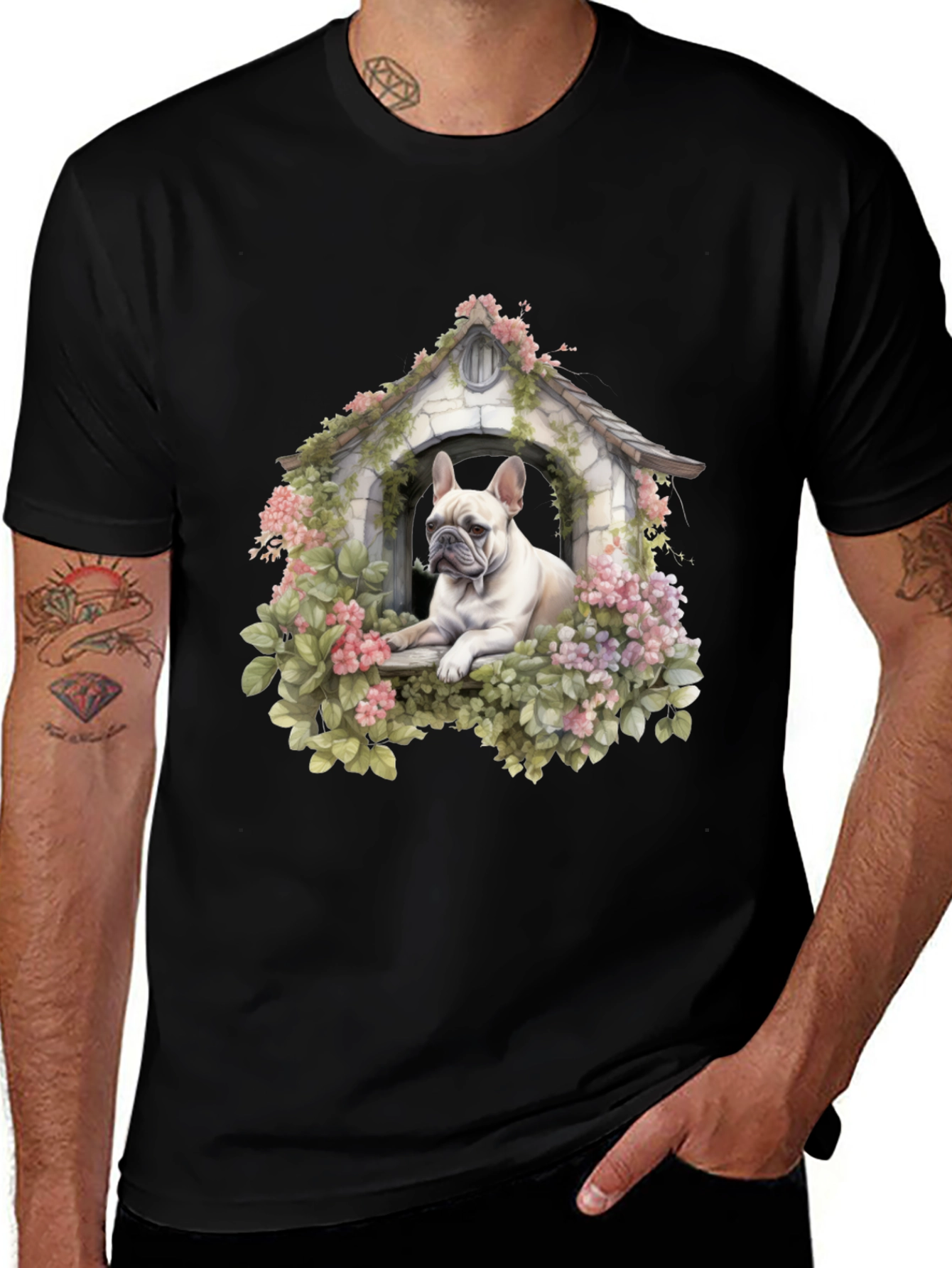 Dog House T-Shirt: Cute Bulldog in Floral Shelter