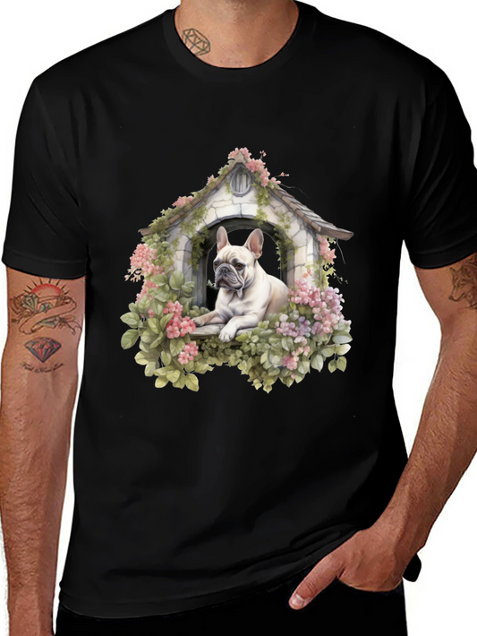 Dog House T-Shirt: Cute Bulldog in Floral Shelter