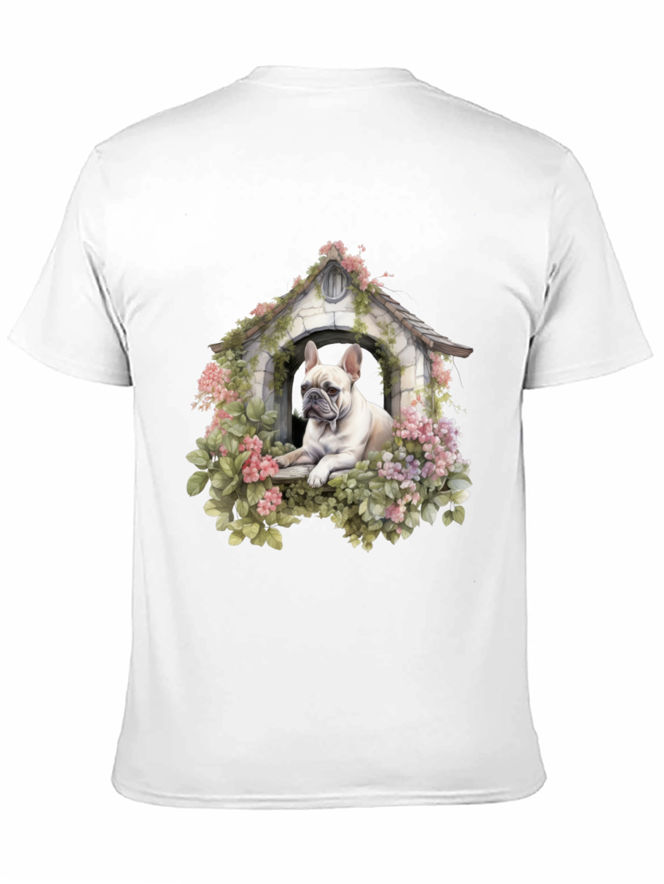 Dog House T-Shirt: Cute Bulldog in Floral Shelter