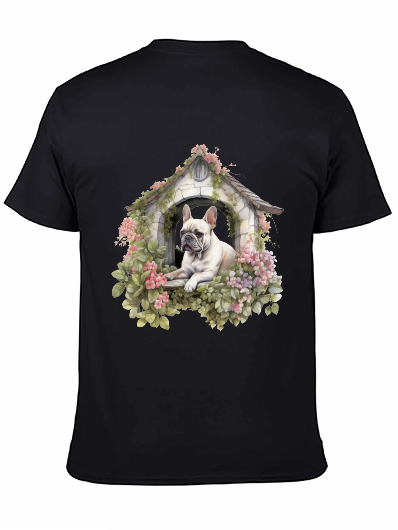 Dog House T-Shirt: Cute Bulldog in Floral Shelter