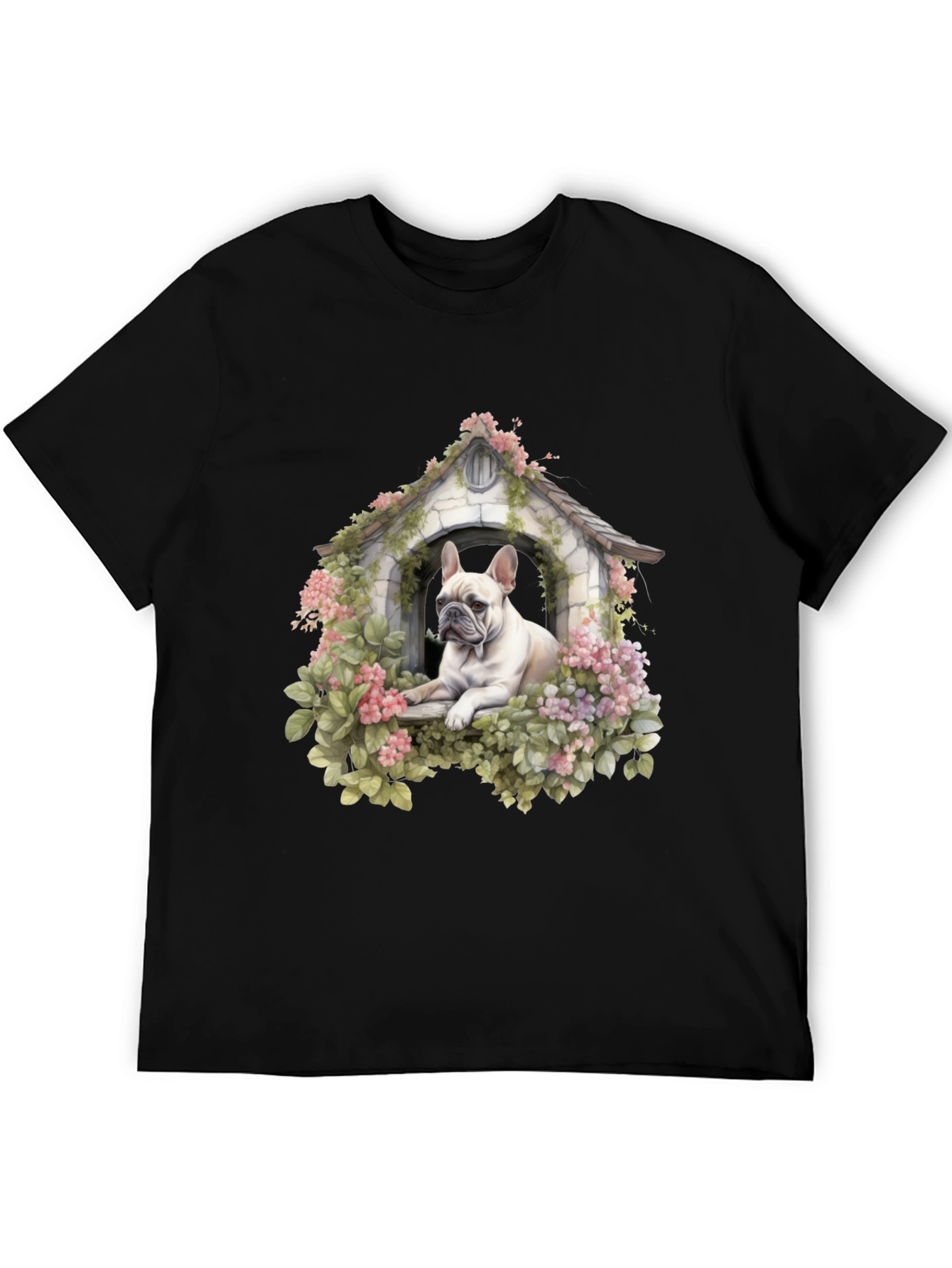 Dog House T-Shirt: Cute Bulldog in Floral Shelter