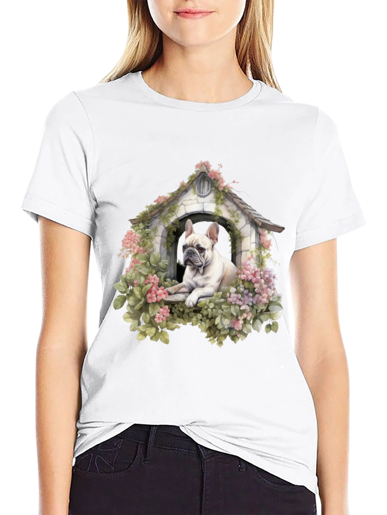 Dog House T-Shirt: Cute Bulldog in Floral Shelter