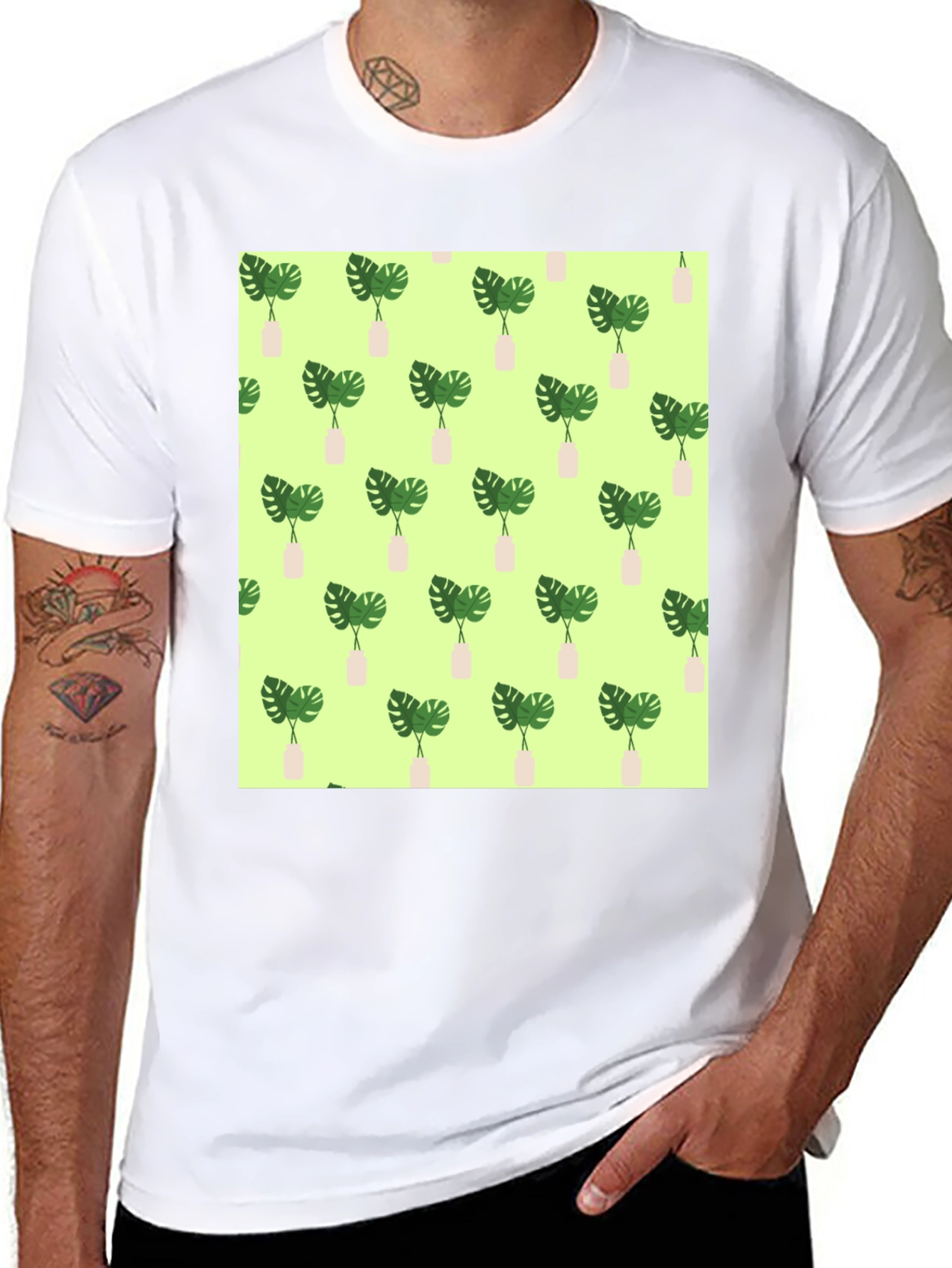 Monstera Plant Pattern Black T-Shirt