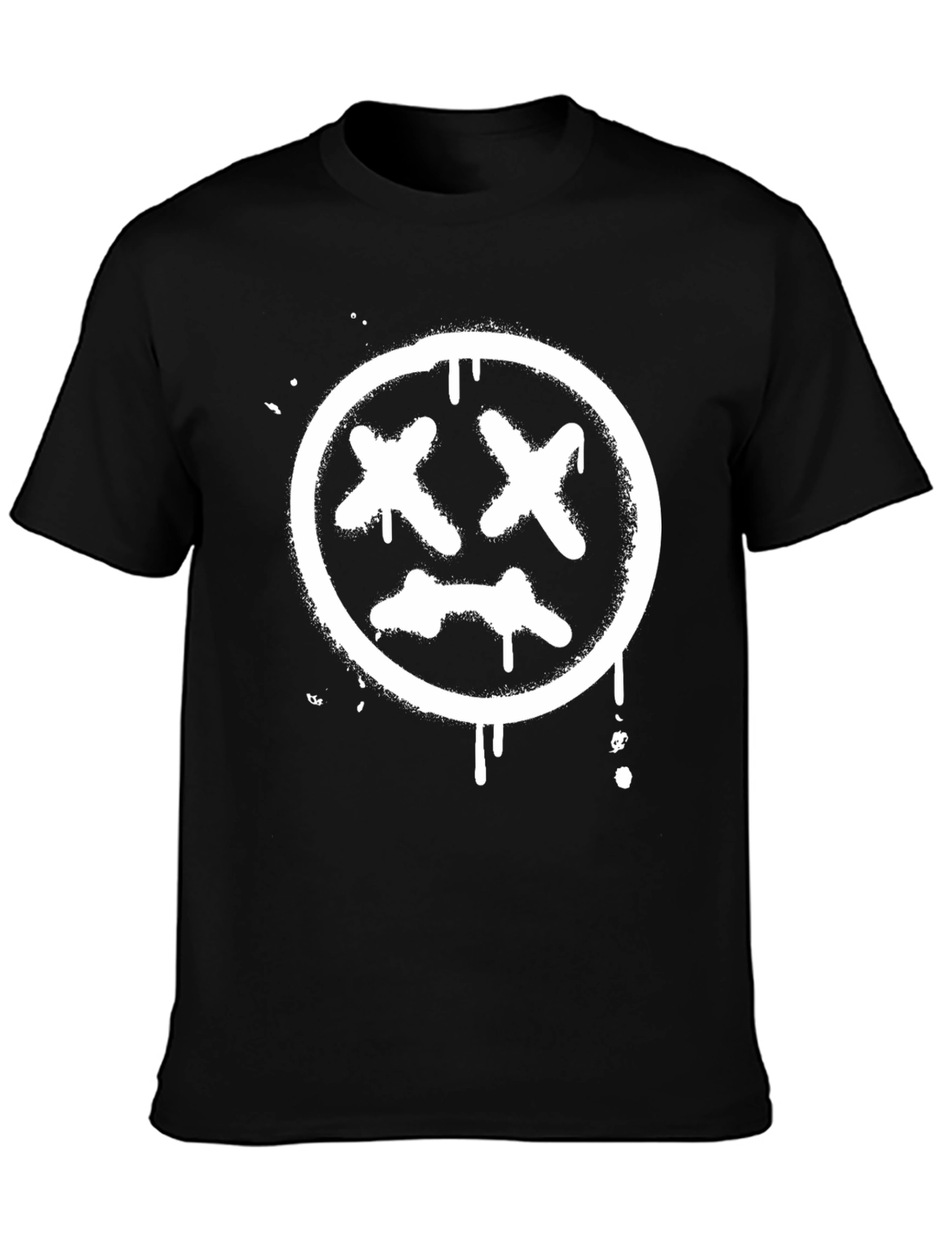 Black Tee with White Distressed X-Eyes Smiley Face