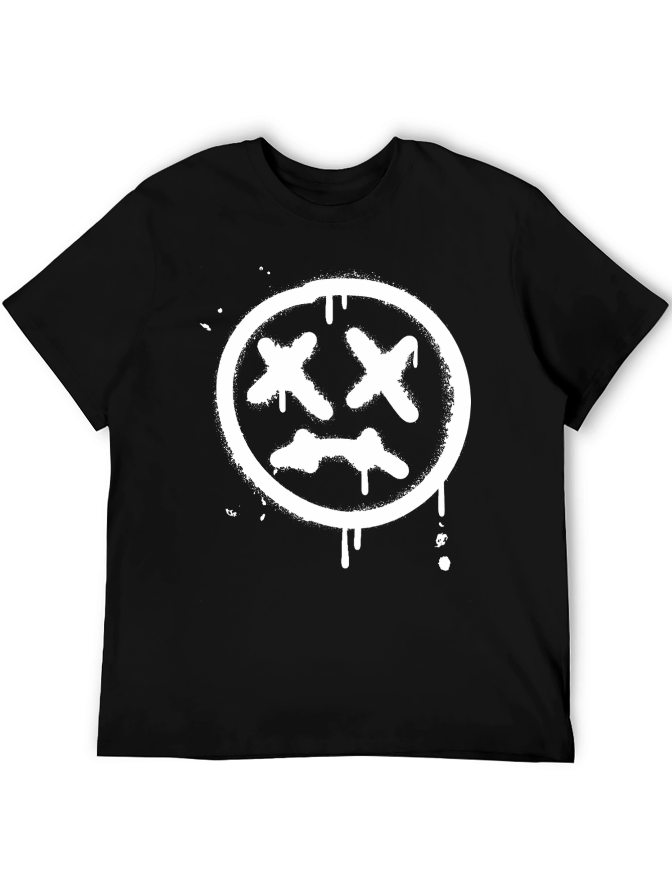 Black Tee with White Distressed X-Eyes Smiley Face