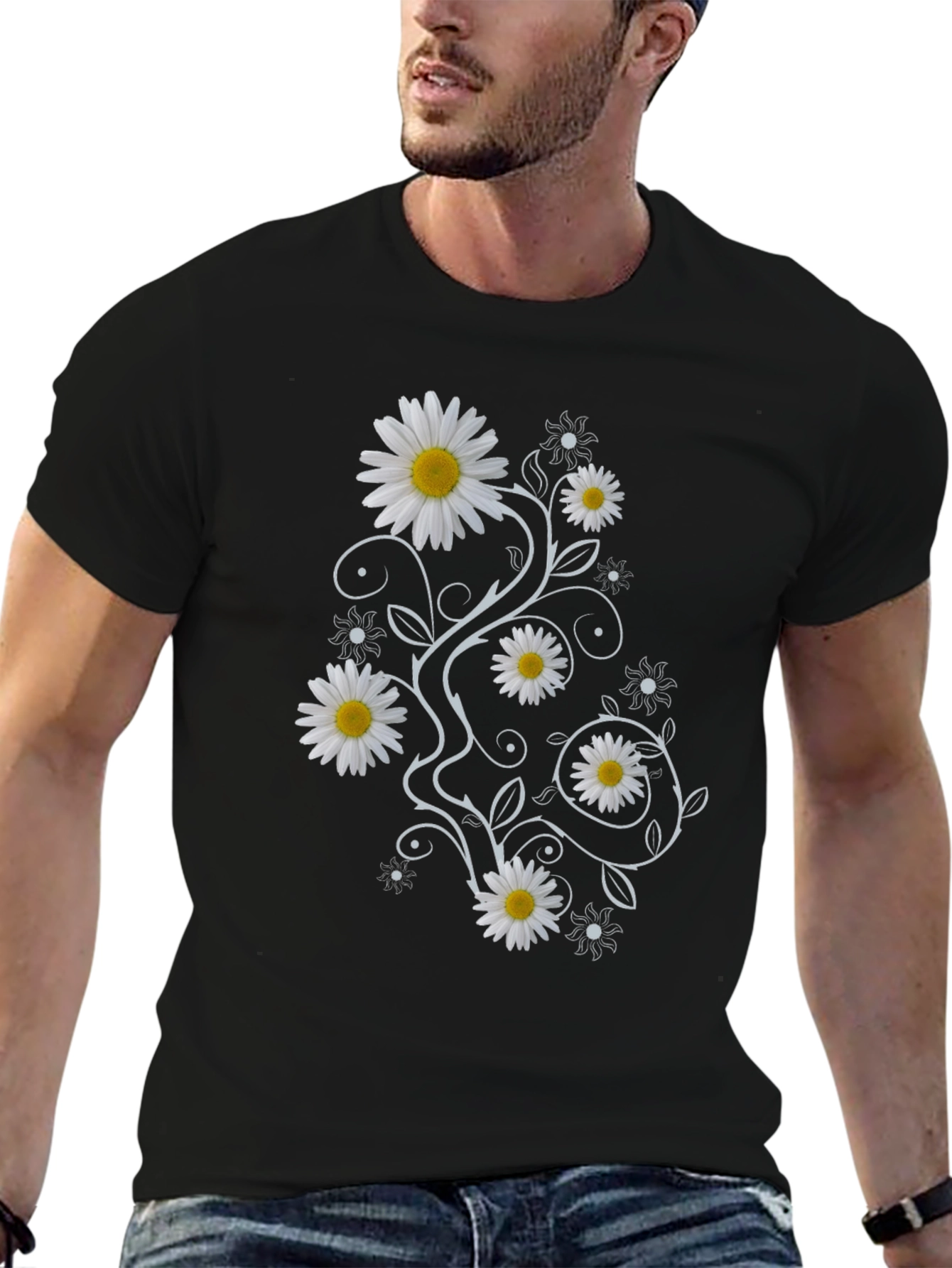 Daisy Vine Print Black T-Shirt