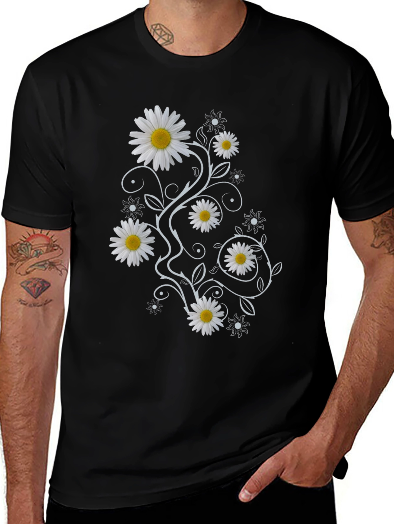 Daisy Vine Print Black T-Shirt