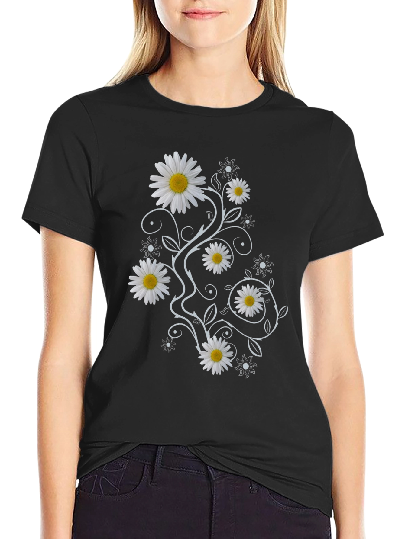 Daisy Vine Print Black T-Shirt