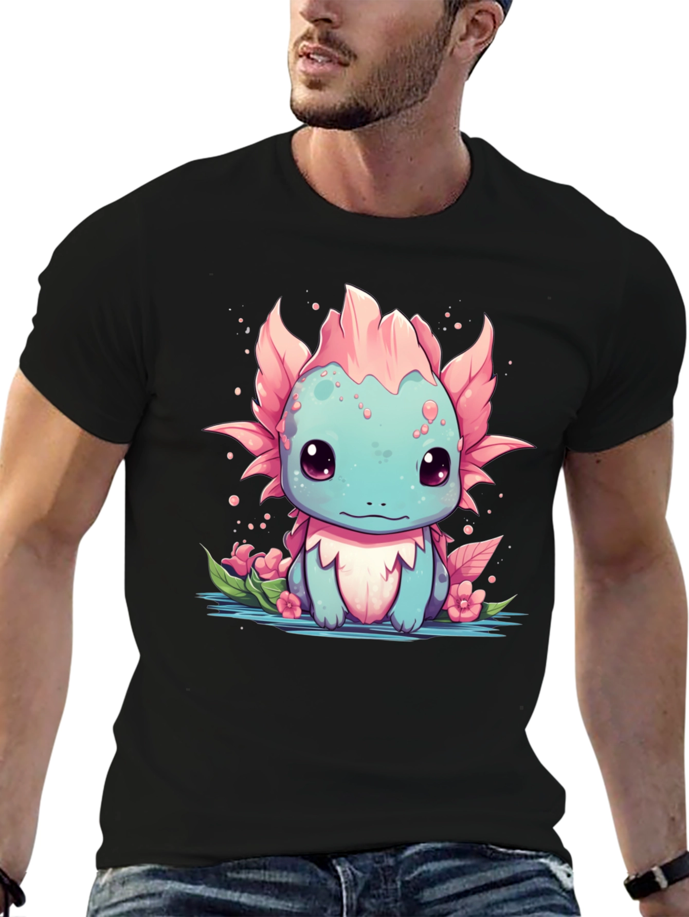 Axolotl Cartoon Graphic T-Shirt - Mens Black Tee