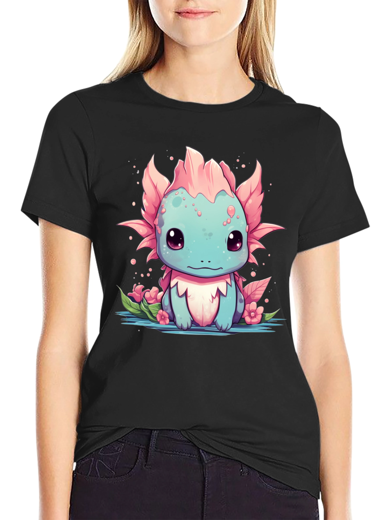 Axolotl Cartoon Graphic T-Shirt - Mens Black Tee